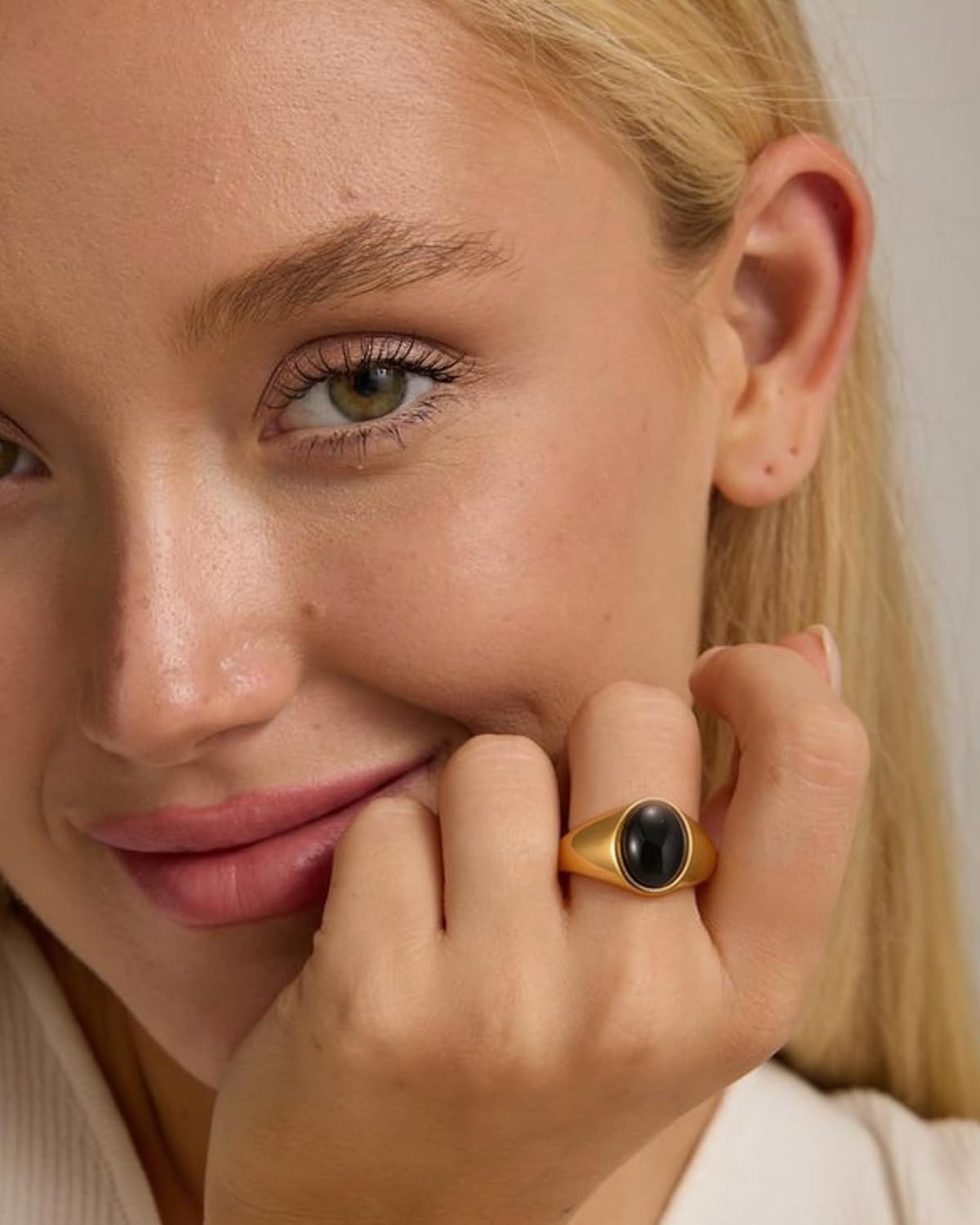 YeGieonr Gold Signet Rings for Women Non Tarnish Gold Rings, Waterproof Gemstones Statement Ring, 18K Gold Plated Stainless Steel Gem Stone Jewelry Gift for Everyday Wear - Image 3