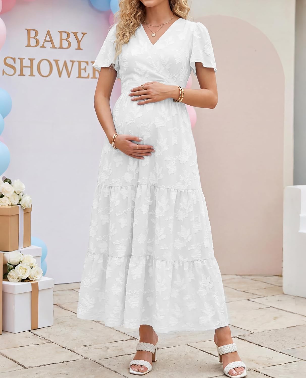 Womens Boho Floral Maxi Dress Elegant Wrap V Neck Short Flutter Sleeve Flowy Tiered A Line Summer Beach Wedding Guest Dresses - Image 7