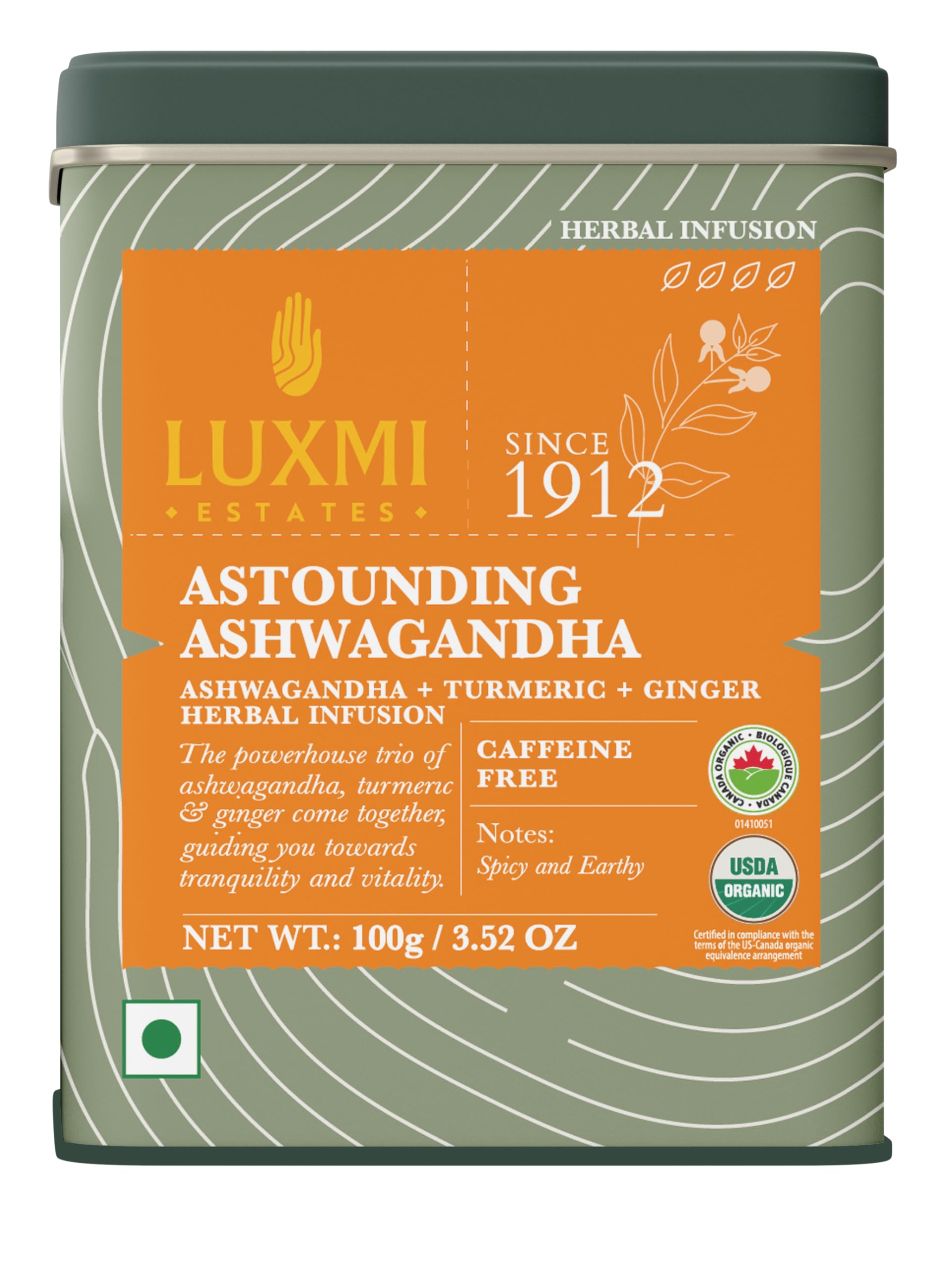 - LUXMI Estates Astounding Ashwagandha Root Herbal Infusion – 100g Loose Leaf Pack | USDA Organic | With Turmeric, Ginger, Lemongrass & Herbs | Stress Relief & Wellness Support | 50 Cups