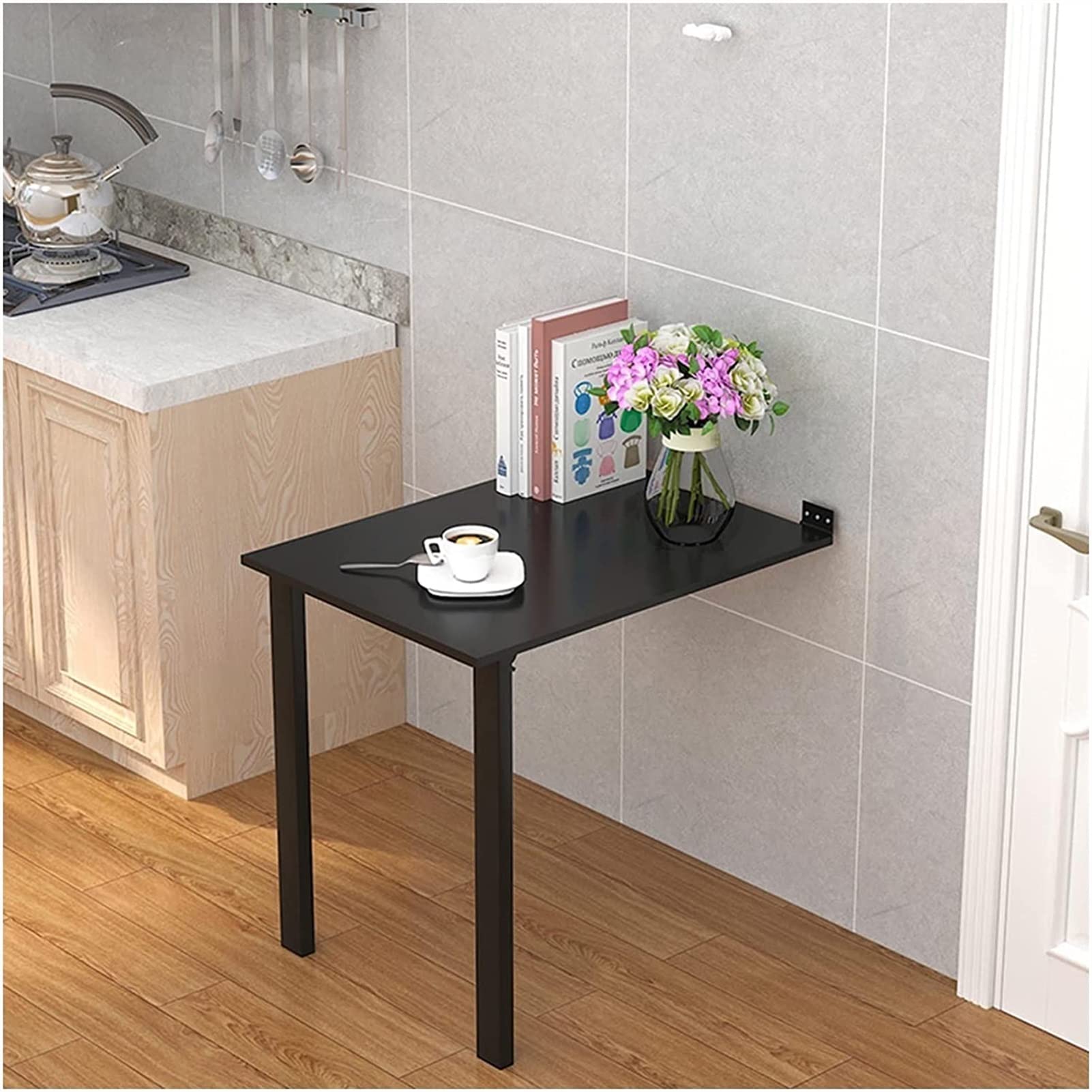 Table murale rabattable noire 100x50 cm avec étagère de rangement