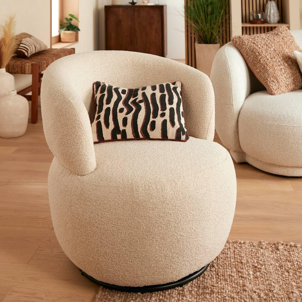 Atmosphera - Fauteuil Pivotant Sileo Argile, Tissu Bouclette, 74 x 72 x 73 cm - pour Salon, Chambre, Bureau