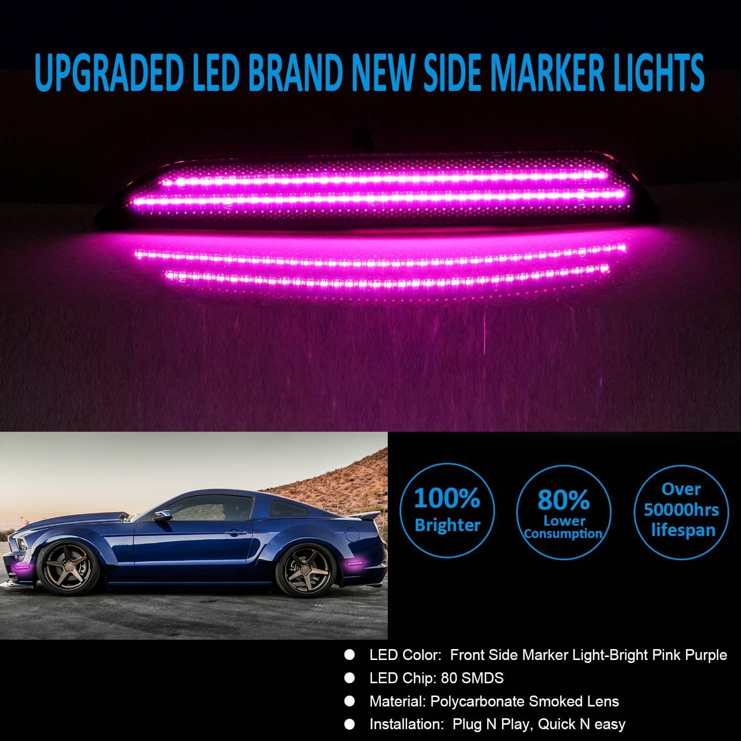 Bestview 4PCS LED Side Marker Lights for 2010-2014 Ford Mustang: Smoked Lens Front & Rear Side Markers Reflectors Lights, Driver & Passenger Side Bumper Lights, Sidemarker Lamps Dual Rows Pink Purple