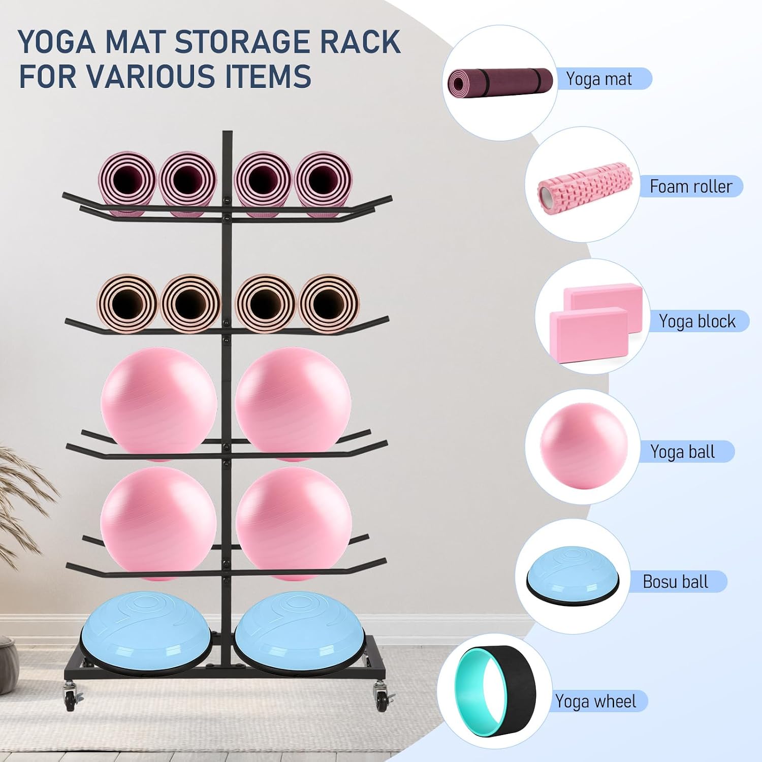 4 Tier Double Sided Matte Black Metal Yoga Mat Holder,Yoga Mat Storage Rack, Foam Roller Storage Rack,The Storage Rack Suitable For Home Gym Can Hold 16 Mats Or Foam Rollers
