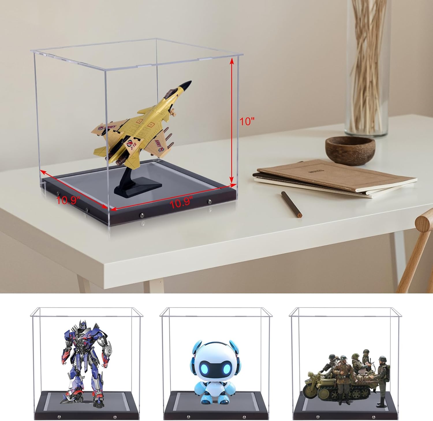 Figure Display Case, Clear Acrylic Display Box for Collectibles Action Figures Wooden Base with LED Light Showcase Memorabilia Display Case
