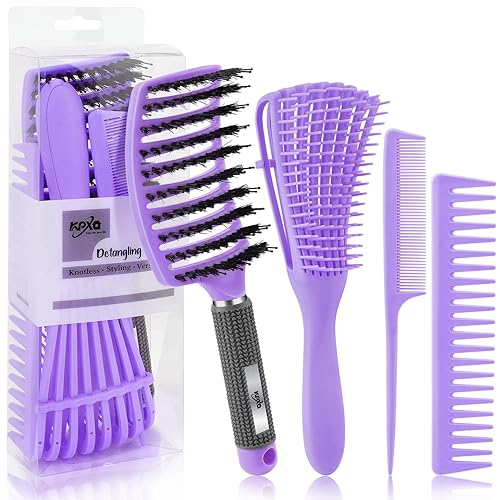 Juego de 4 cepillos desenredantes rizados para adultos y niños húmedos o secos, cabello 34ABC con peine de dientes anchos (4, morado)