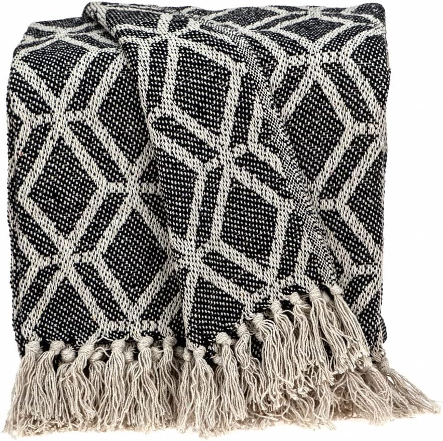 HomeRoots Black and White Handloom Woven Throw Blanket