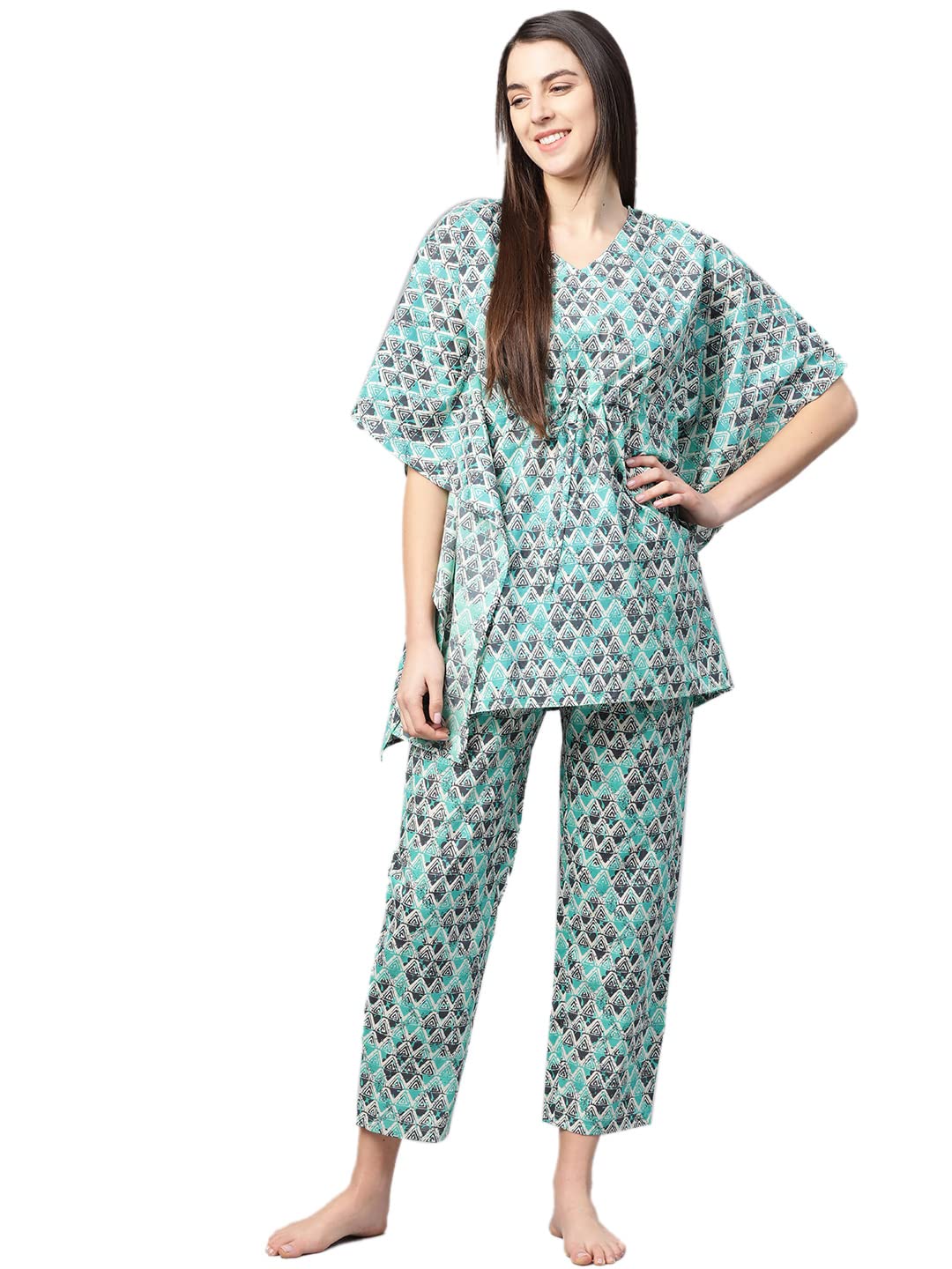 Women's Cotton Straight Geomatrical Printed Night Suit for Women