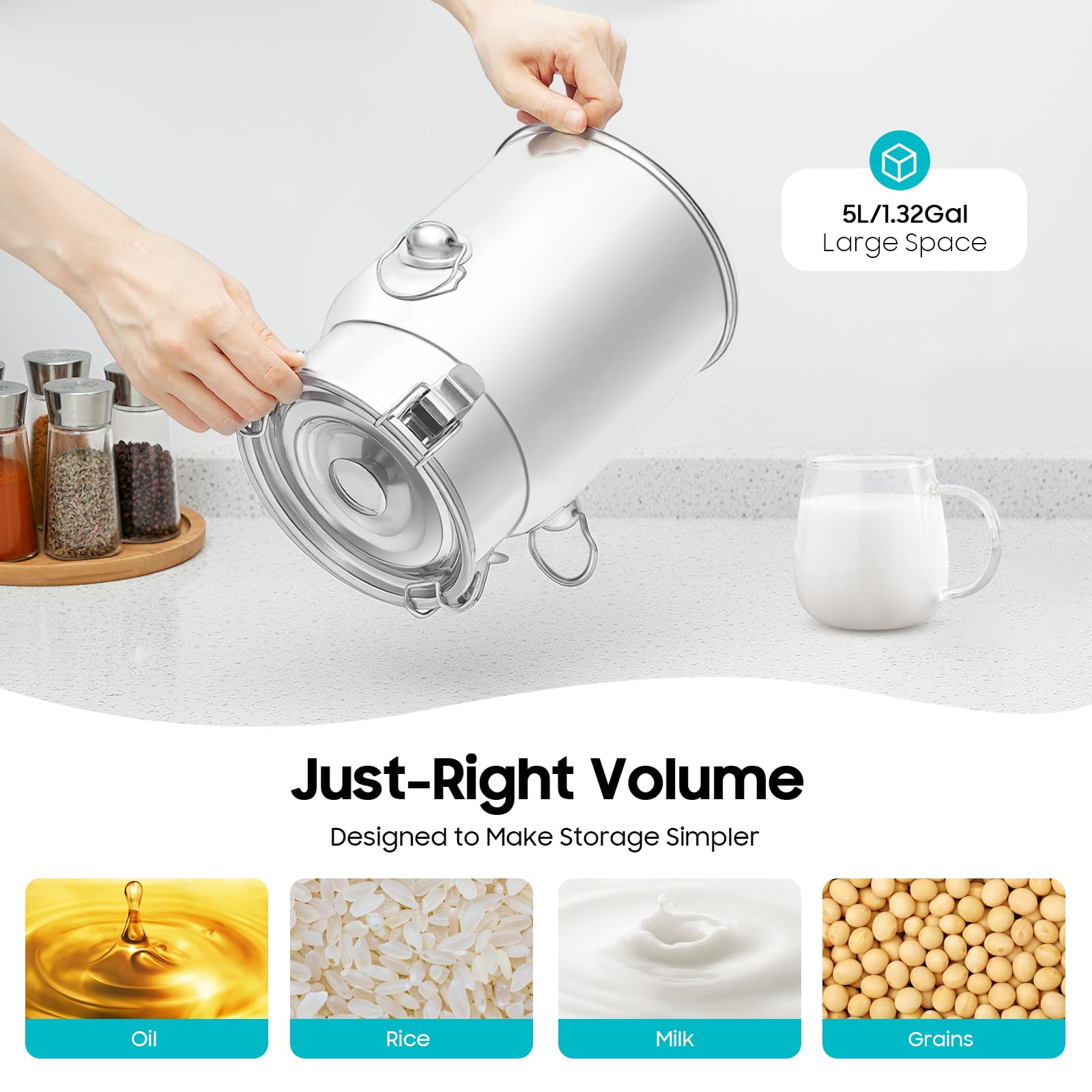 Bricco per latte da 5 l, senza rubinetto, chiusura ermetica, con coperchio ribaltabile, doppio manico, contenitore in metallo per alimenti, latte, olio, cereali, stoccaggio, trasporto, casa
