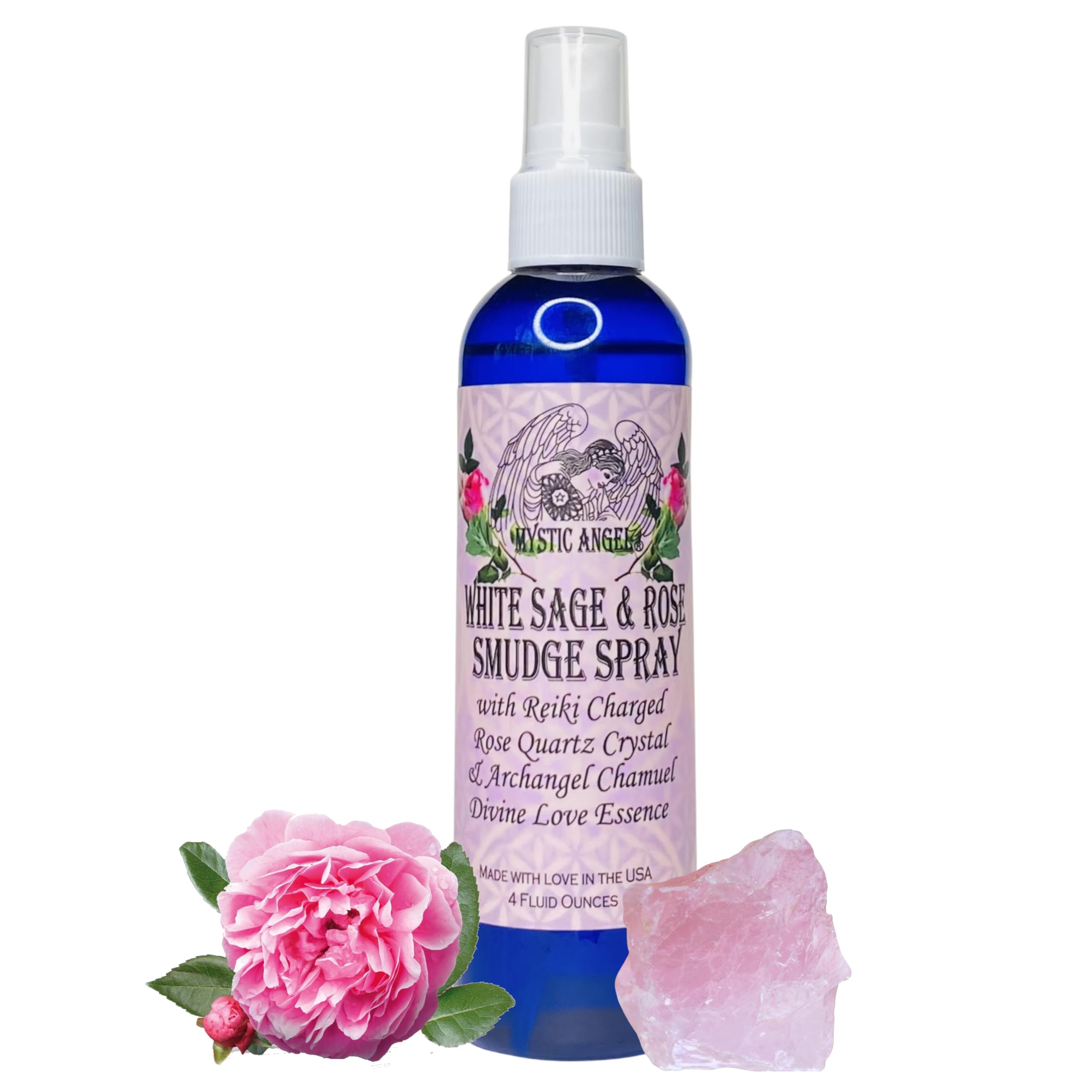 White Sage & Rose Smudge Spray (4 oz.) with Reiki Charged Rose Quartz Crystal