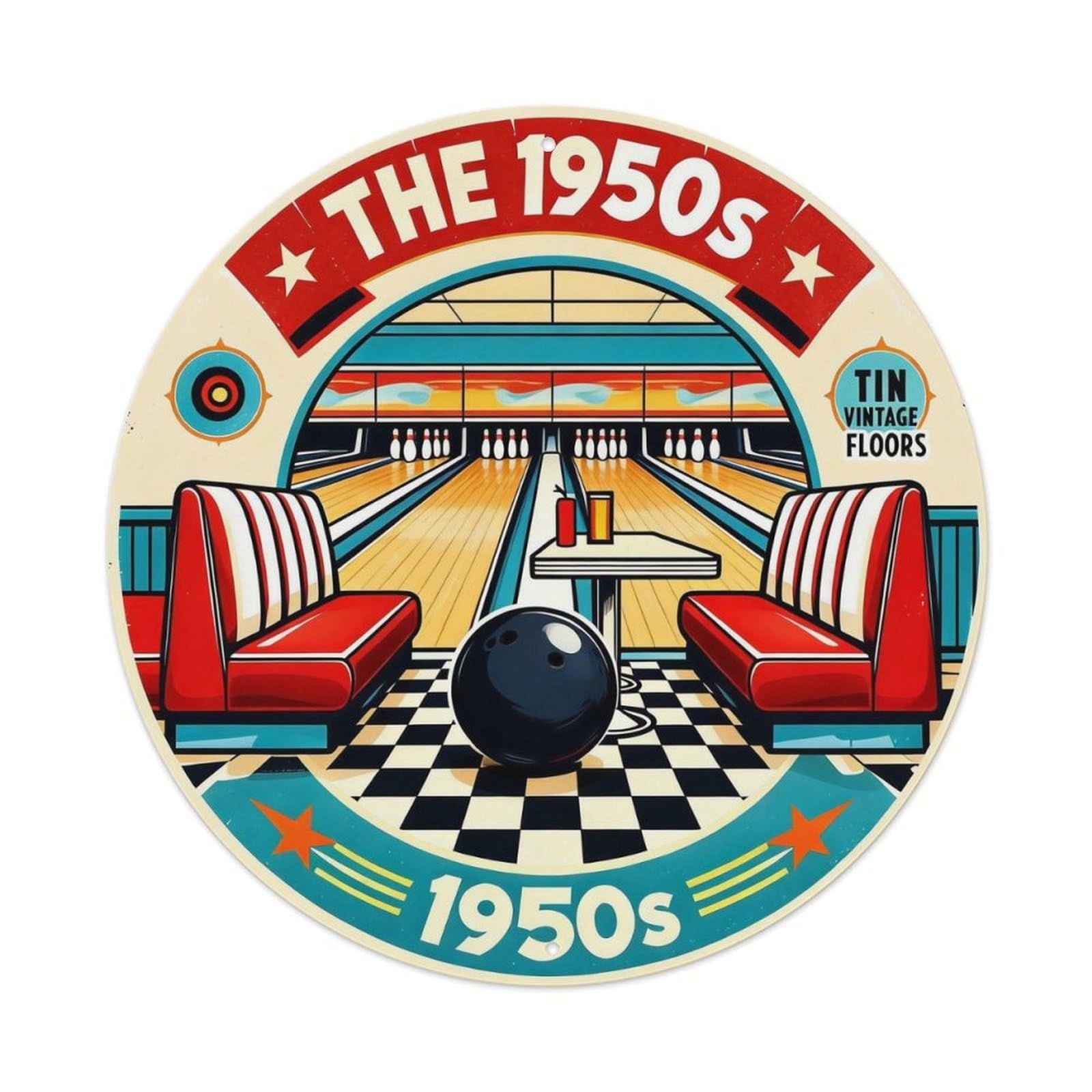 Retro Bowling Alley Scene Design Round Tin Sign Vintage Metal Poster Retro Bar, Home, Man Cave, Kitchen, Laundry Room Wall Art Decor Gift 8x8In