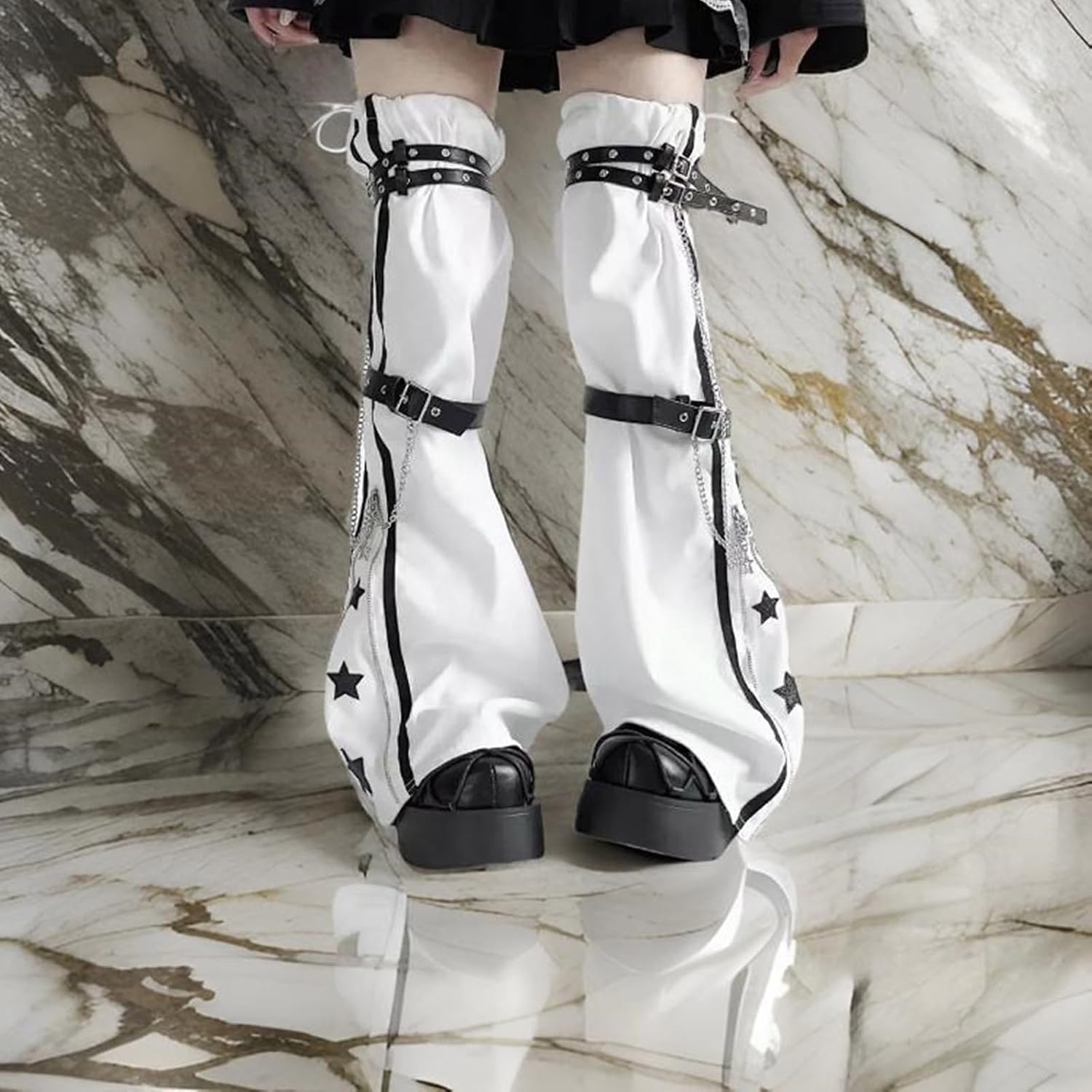 Women Star Print Zippered Flared Leg Warmer Aesthetic Fashion Punk PU Harness Strap Leg Cover Thigh High Socks