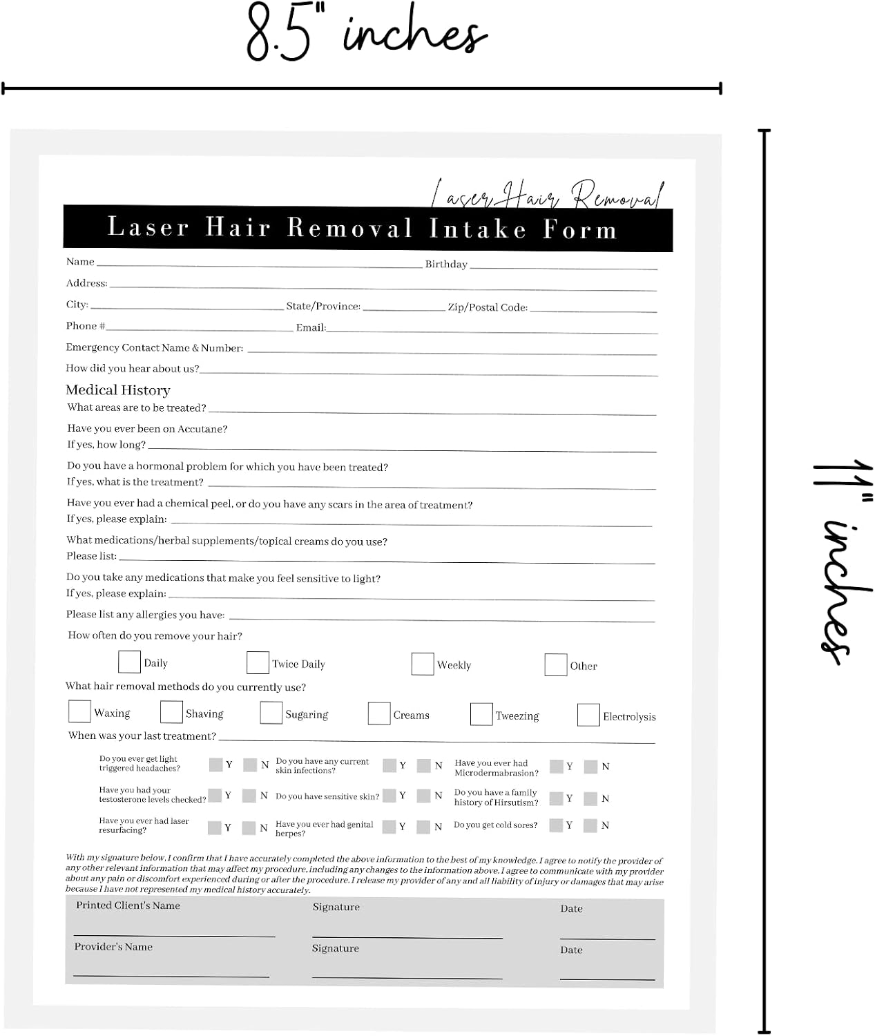 Laser Hair Removal Intake Forms, Consent and Aftercare Instructions with Fitzpatrick Chart | 75 Pack 25 of Each | Black and White Minimalist for Client Signatures Pre and Post Care IPL