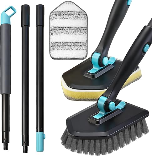 Cepillo de limpieza de mango largo para ducha, cepillos de limpieza 3 en 1 con 3 cabezales de limpieza diferentes para limpieza de ducha, baño, Negro