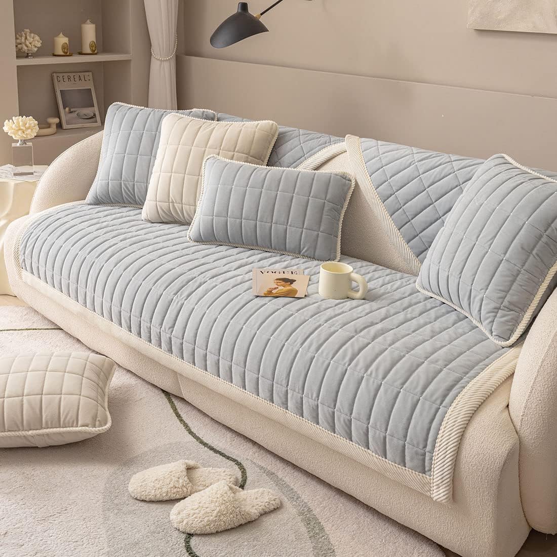 vctops Velvet Plush Plaid Quilted Sofa Cover Super Soft Non Slip Sectional Couch Cover Farmhouse Fluffy Fuzzy Sofa Slipcover Furniture Protector for Dogs Cats Pet (Grey,43"x43")