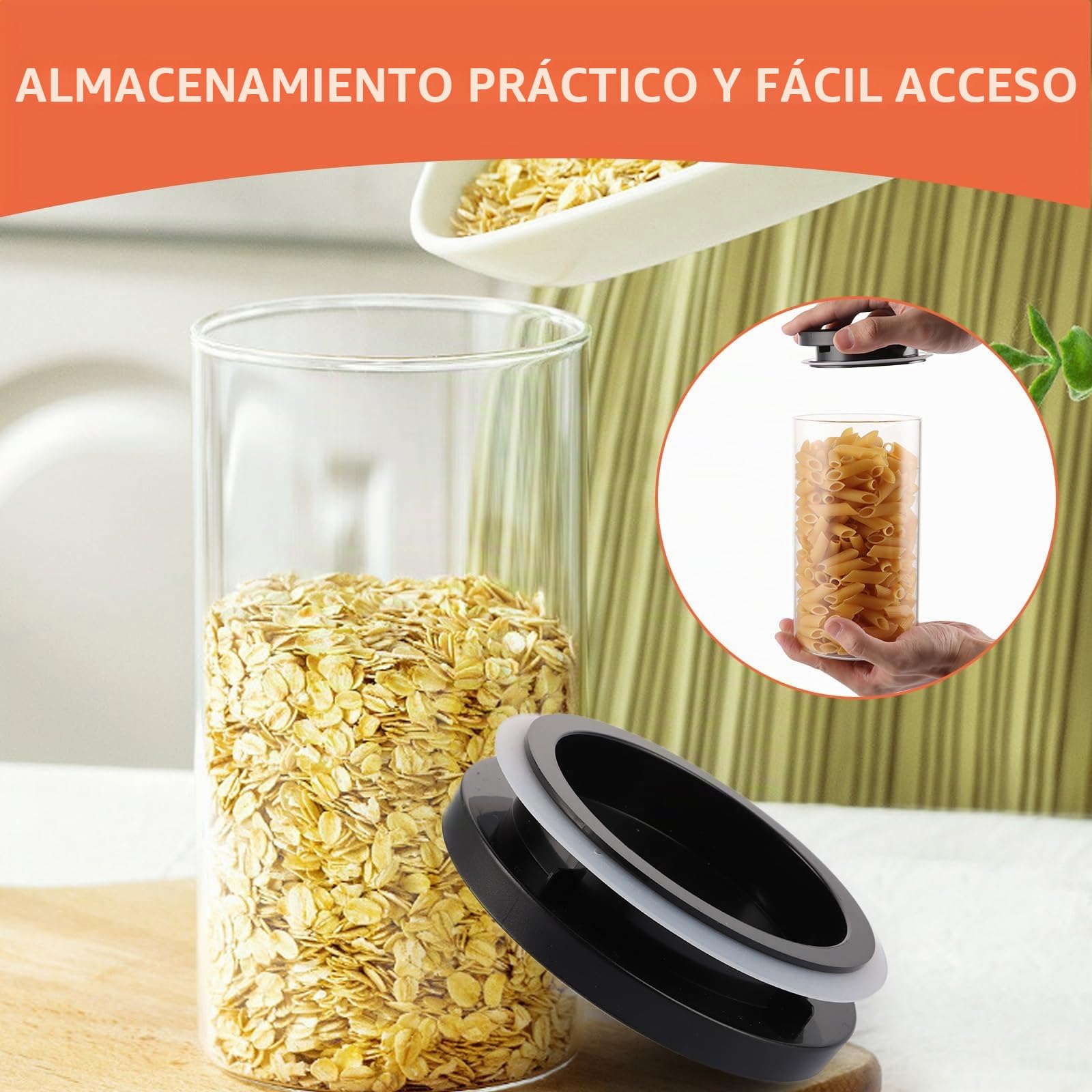 YAYODS 4 tarros de cristal con tapa para almacenamiento, 1,2 L, herméticos, pequeños, con tapa, color negro, para granos de café, espaguetis, harina, azúcar