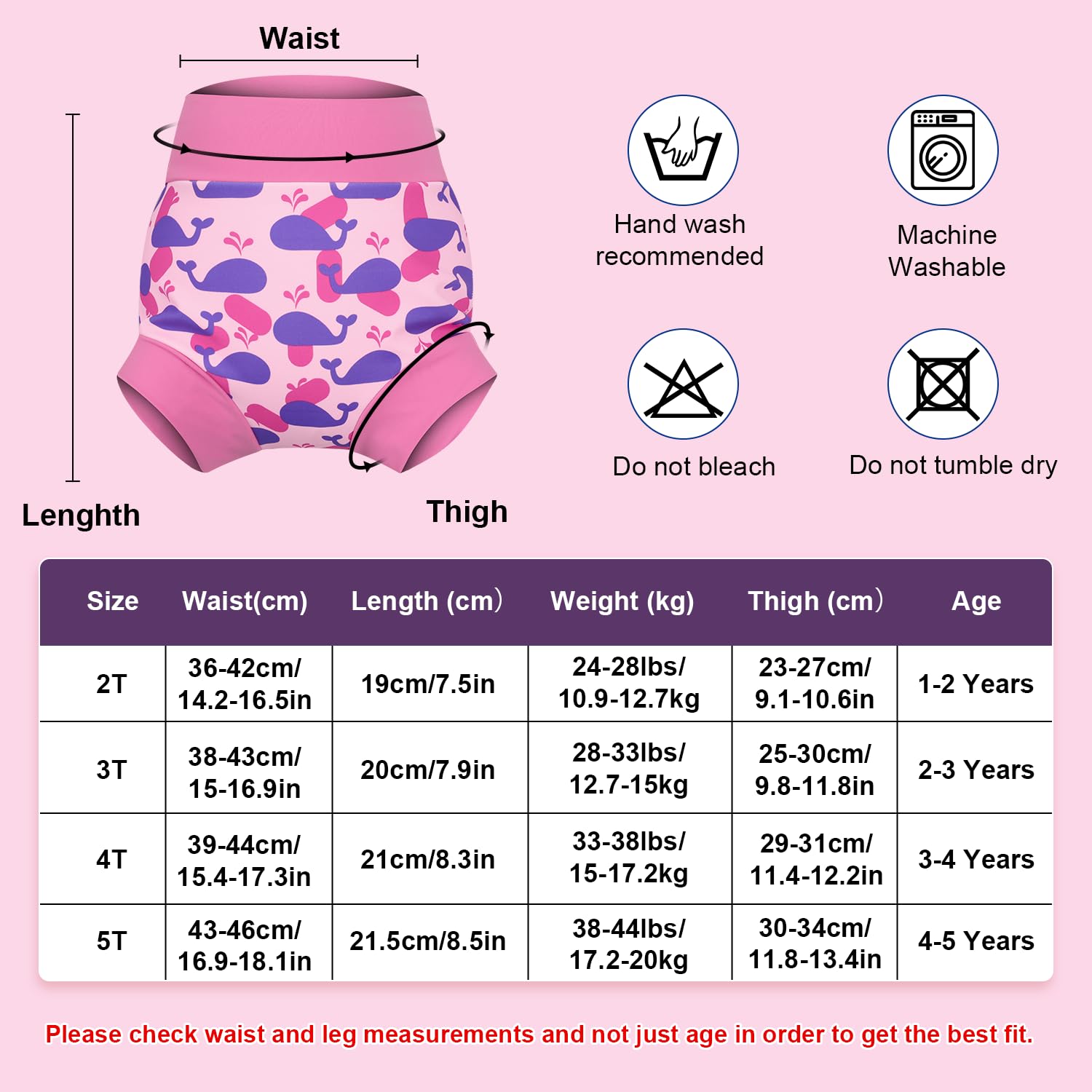 MOEMOE BABY Pannolino da nuoto Riutilizzabile per Bambini Neonato 3 pezzi Rosa S/2T 1-2 Anni