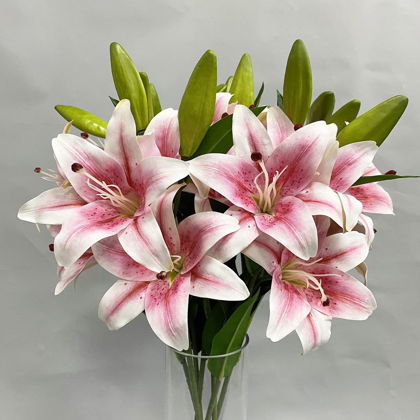 Yalzone2 Pcs 28’’ Pink Artificial Lily Flowers Fake Real Touch Lily 3 Heads 2 Buds Pink Flowers Artificial Faux Lily for Indoor Home Office Decor Wedding Bouquet Decoration Table Centerpiece