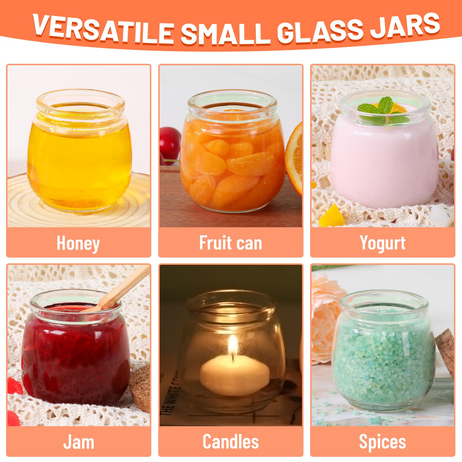 Jaisie.W Paquete de 40 tarros de vidrio de 7 onzas con tapas de corcho y polietileno, tarros pequeños de yogur con tapas, tarros de pudín seguros para alimentos, para miel, mermelada, especias, velas