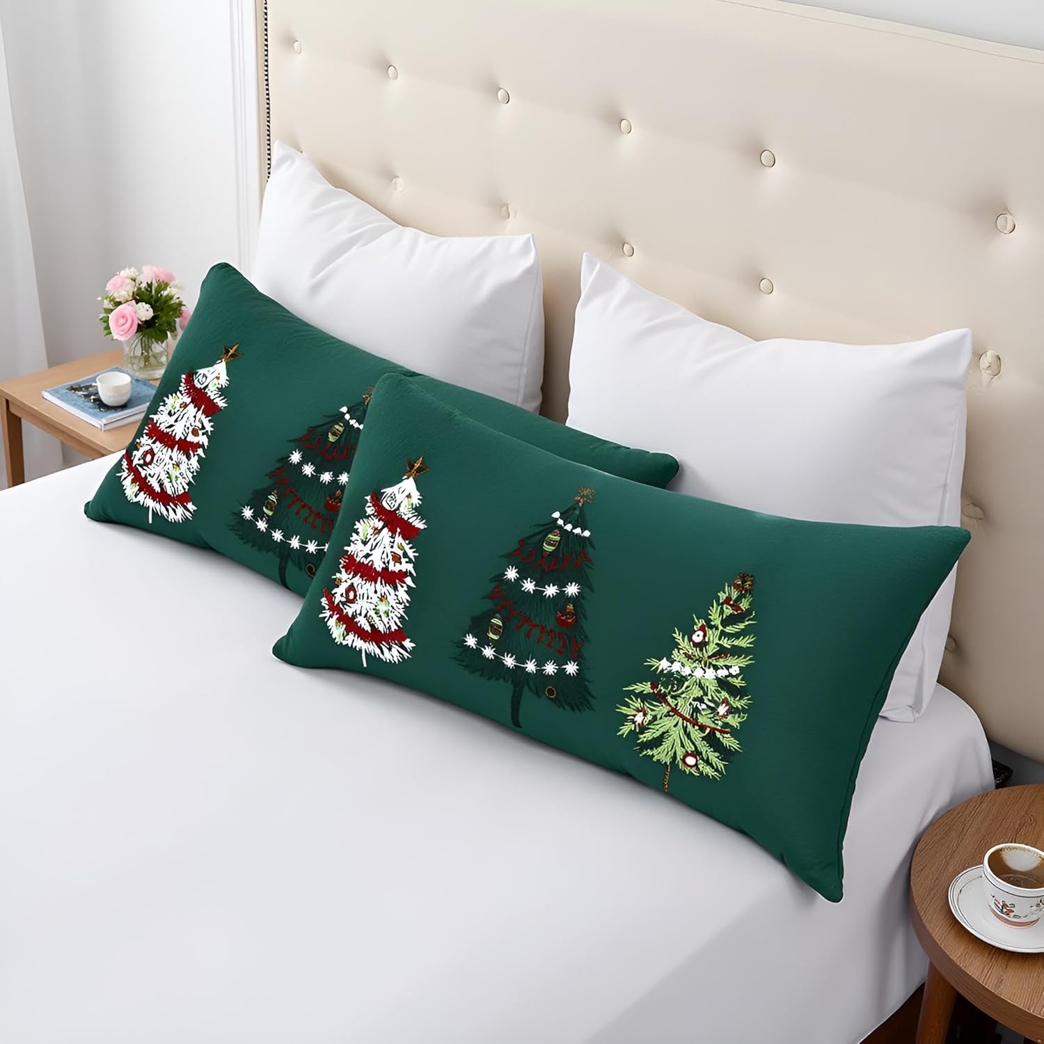 Christmas Embroidery Throw Pillow Cover 12 x 20 inch Set of 2 Dark Green Xmas Tree Velvet Pillow case Christmas Party Decorations Pillowcase Winter Holiday Lumbar Cushion Cases