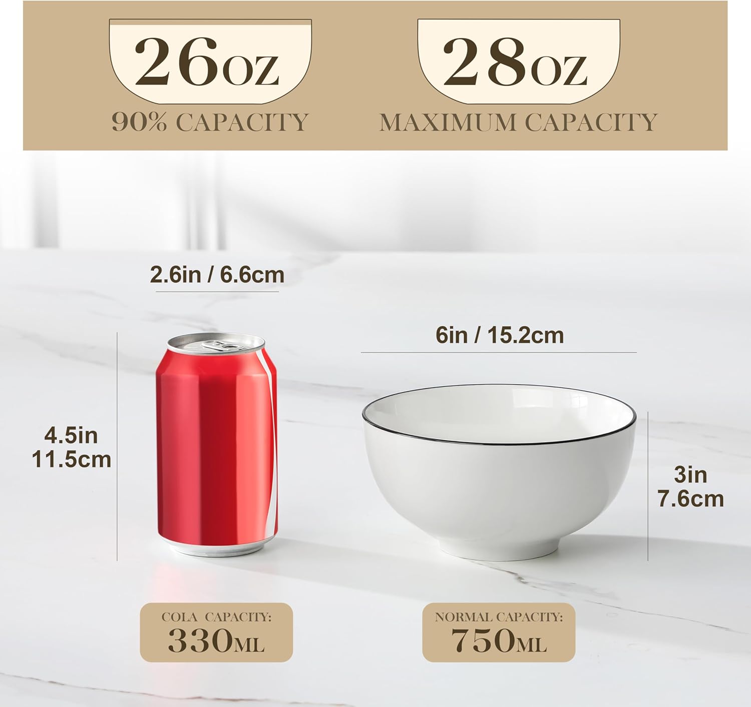 Elegant 26oz White Ceramic Soup and Cereal Bowls for Everyday Use