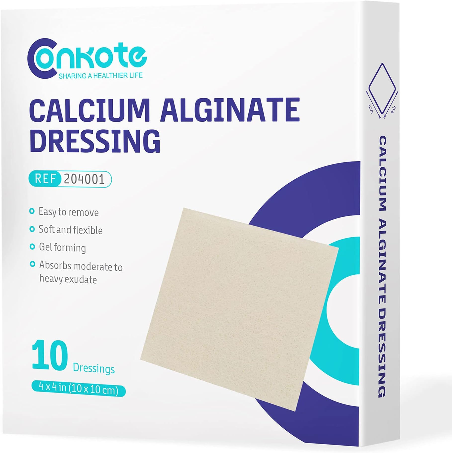 Conkote Calcium Alginate Wound Dressing Pads, 4” x 4” Pad Size, 10 Pack, Non-Stick Padding, Sterile, Highly Absorbent & Comfortable