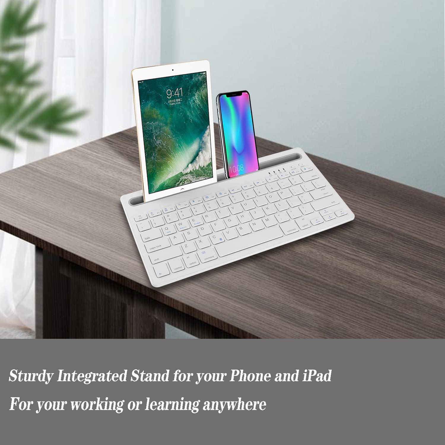 Wireless Bluetooth Keyboard, 78 Keys Rechargeable Slim Wireless Keyboard with Integrated Stand for Phone/iPad, Multi-Device Compatible MacBook iOS Android Windows -White