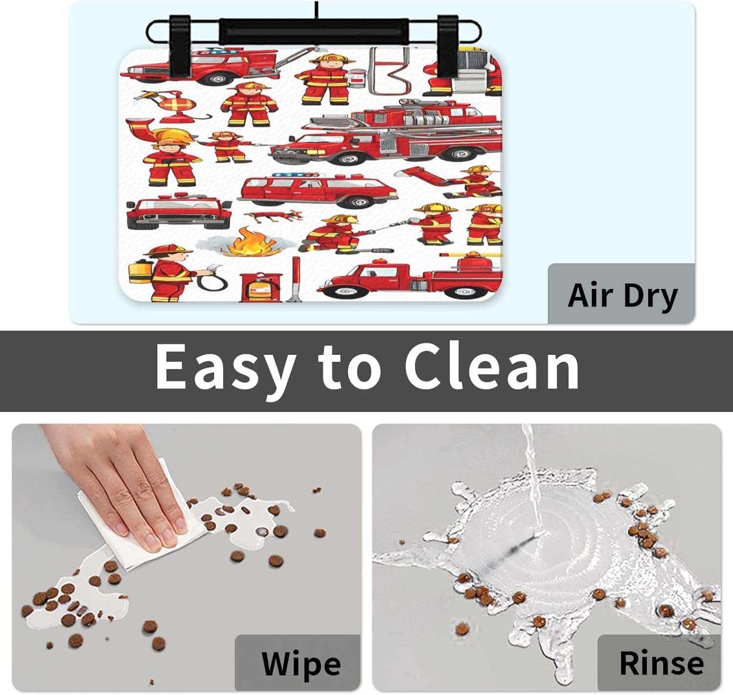 Dog Food Mat for Floors Absorbent, Cat Mat for Food and Water, Little Boys Girls Firefighters, Non-Slip Leather Pet Feeding Mats, Waterproof Dog Cat Food Mats, Quick-Dry Diner Placemat for Bowls