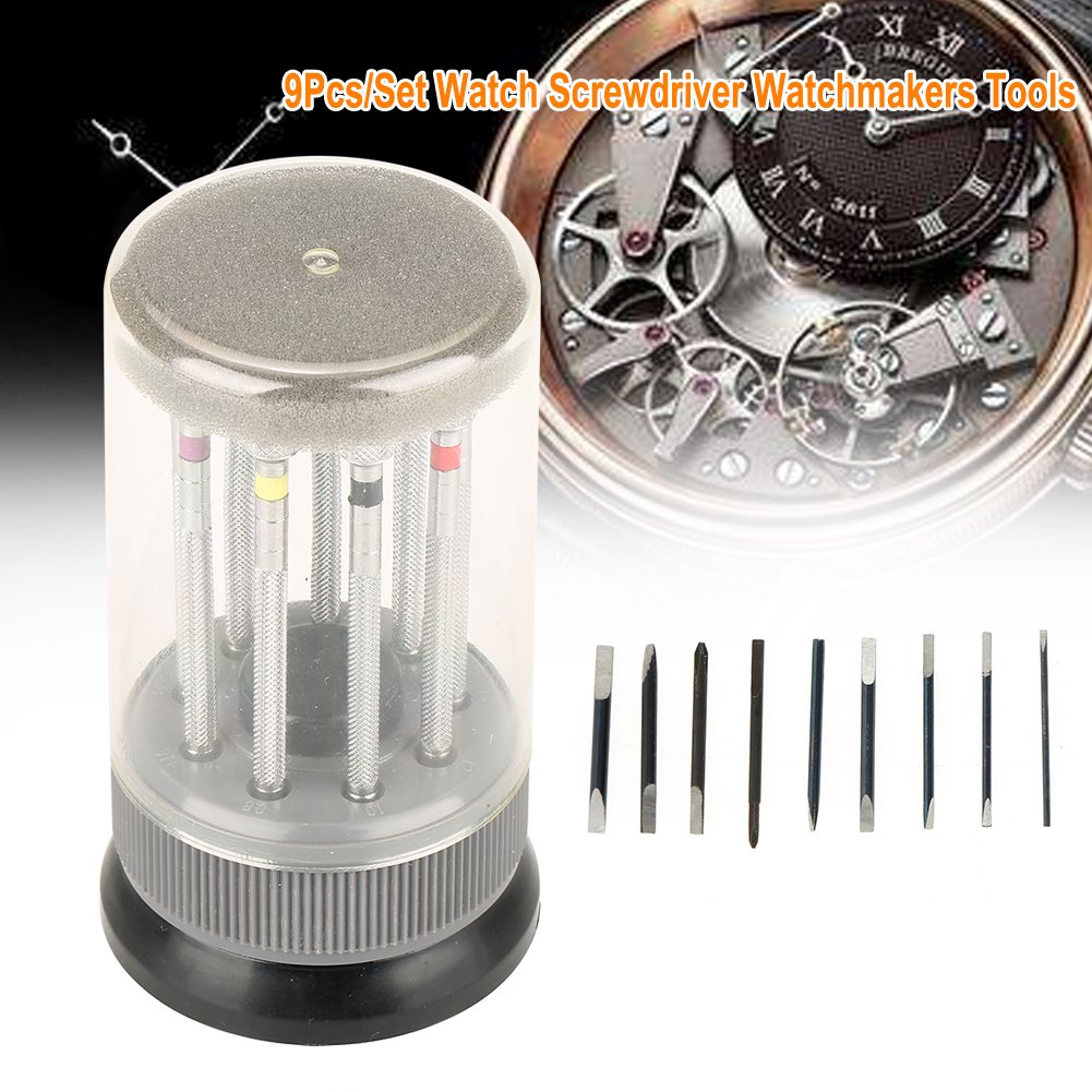 9 Teile/Satz Uhr Schlitz Schraubendreher Set Rep Uhrmacher Werkzeuge mit Swivel Basis Platte