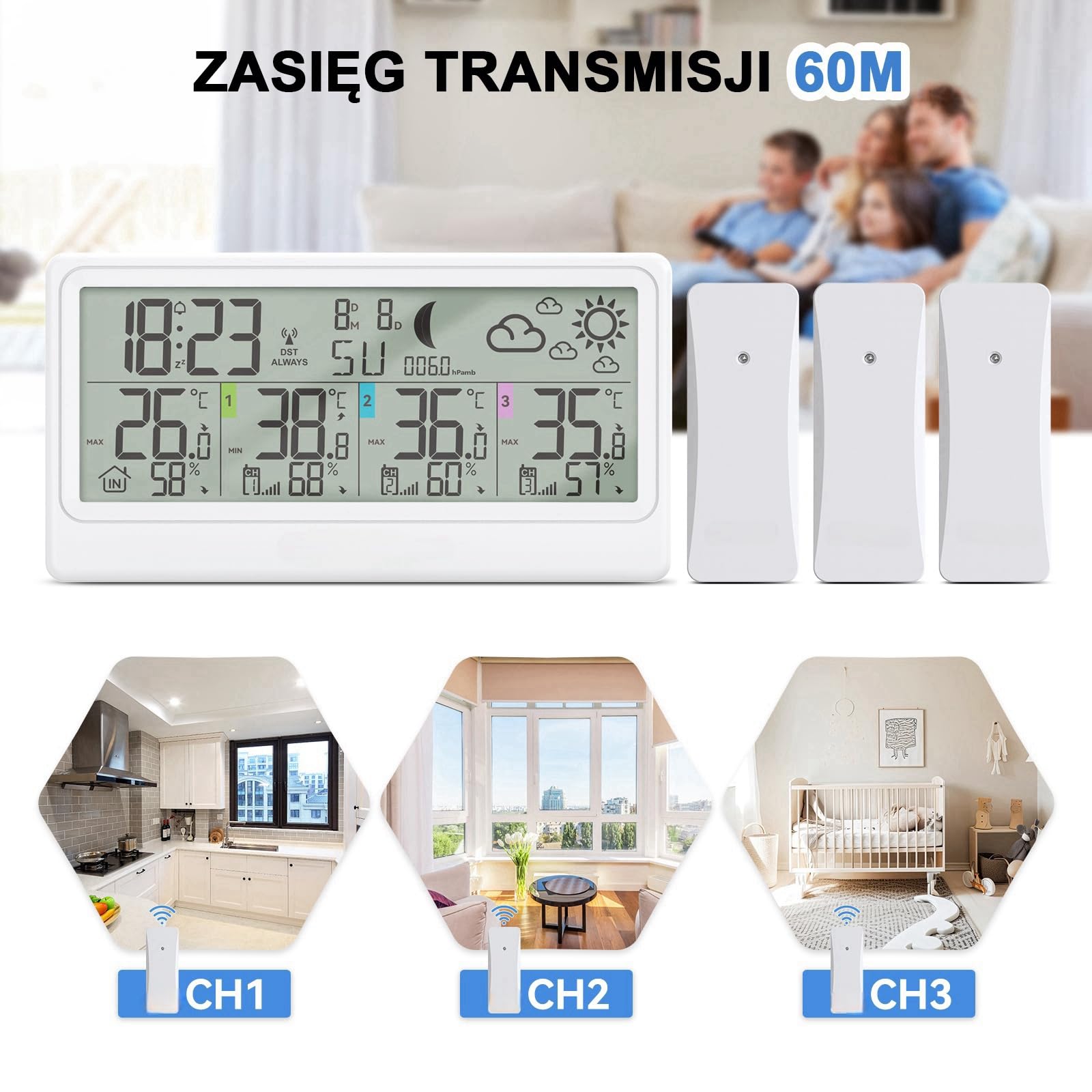 Bezprzewodowa stacja pogodowa z 3 czujnikami zewnętrznymi, 8,5-calowy wyświetlacz LCD z termometrem, higrometrem, barometrem, prognozą pogody, fazami księżyca, budzikiem, funkcją drzemki i RCC