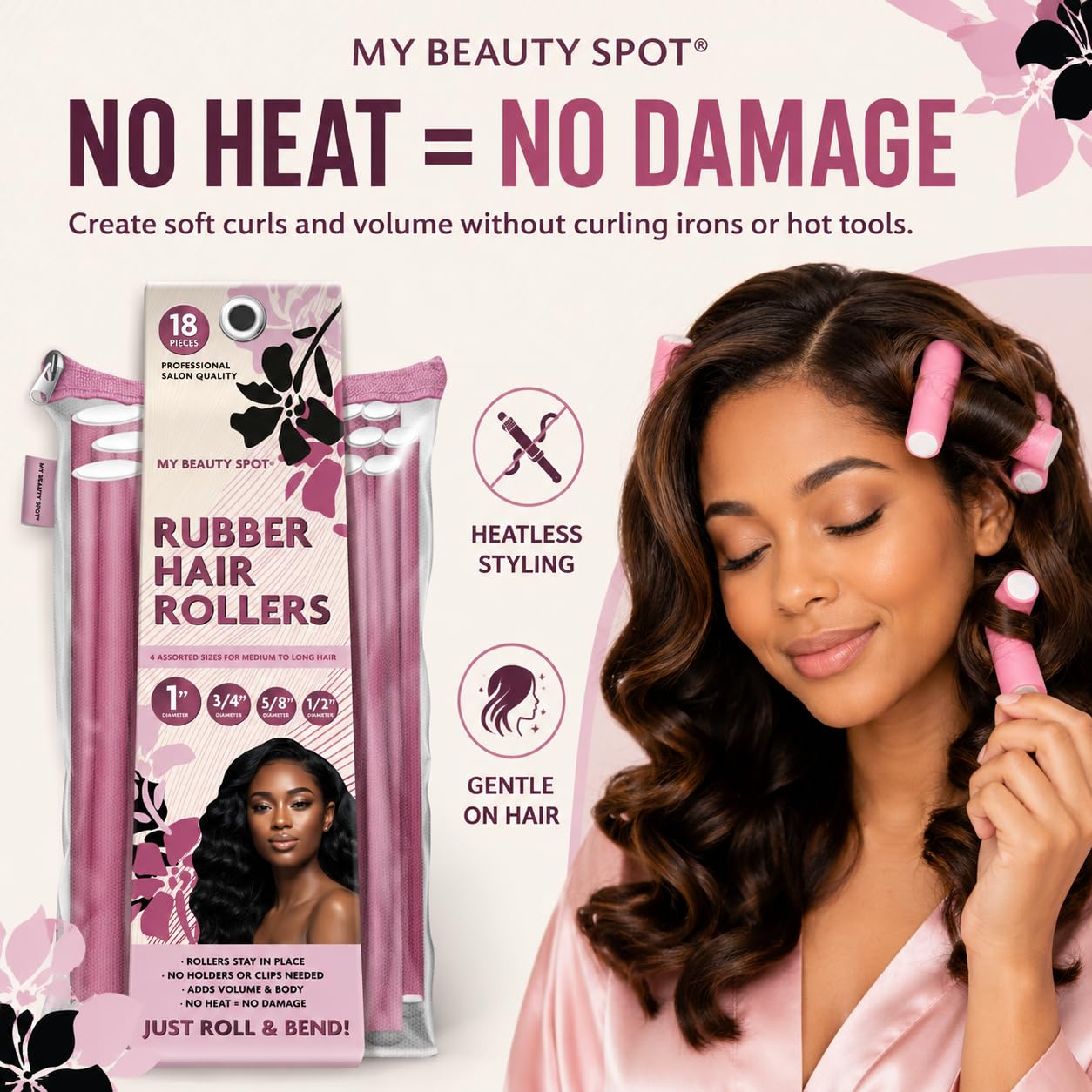My Beauty Spot Rubber Hair Rollers, 18 Piece Heatless Rollers for Heatless Curls Overnight, Soft Hair Rollers to Sleep In, Assorted Sizes for Medium to Long Hair, Pink Curling Rods with Pouch
