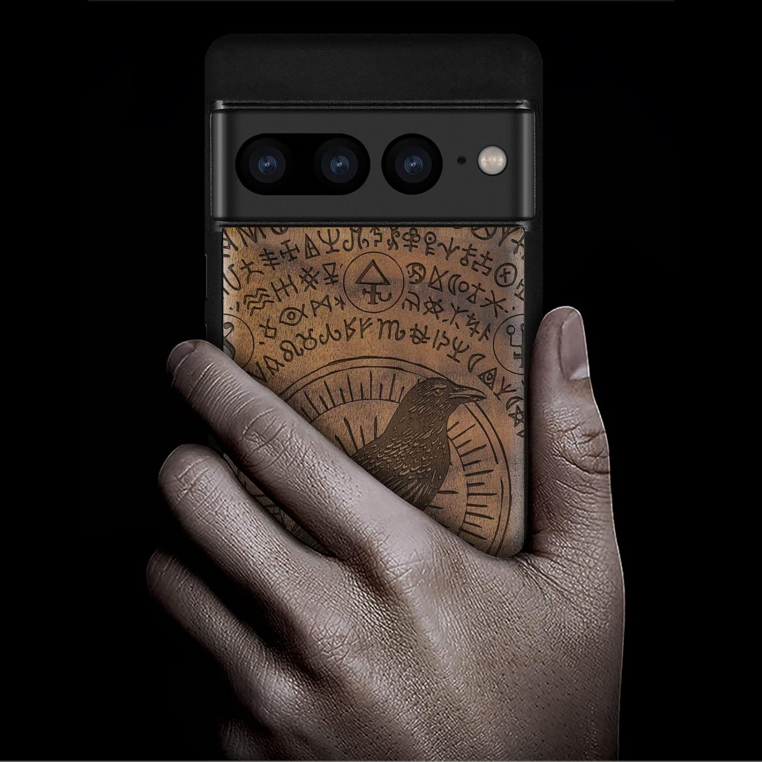 Carveit Wood Case for Pixel 7 Pro Case [Natural Wood & Black Soft TPU] Shockproof Protective Unique & Classy Wooden Cover Compatible with Google Pixel 7 Pro (Witchcraft Raven-Walnut)
