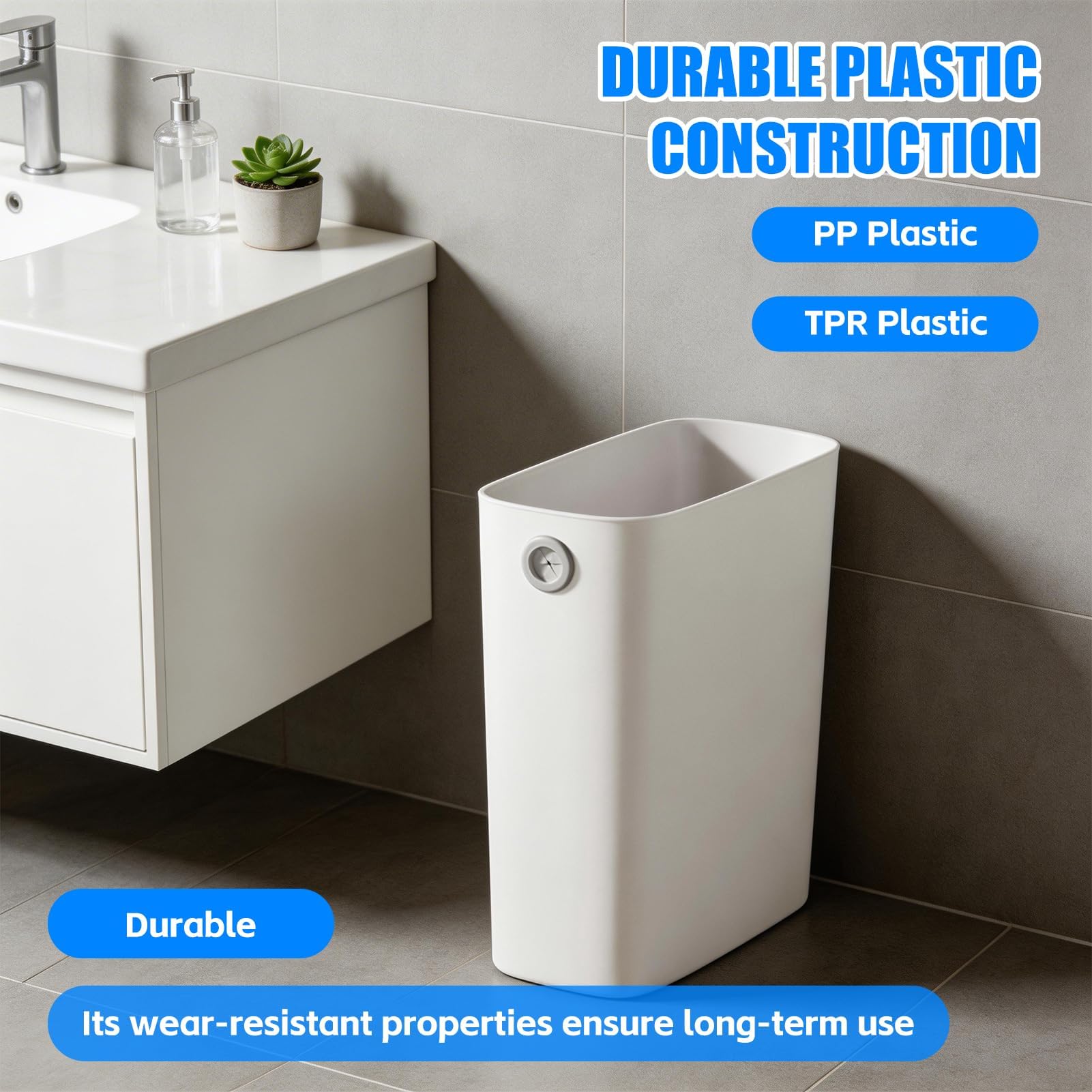 Cestino della spazzatura rettangolare in plastica ultra sottile, piccolo, per il bagno, con coperchio aperto, per ufficio, camera da letto, cucina, adatto per spazi ristretti (Bianco)