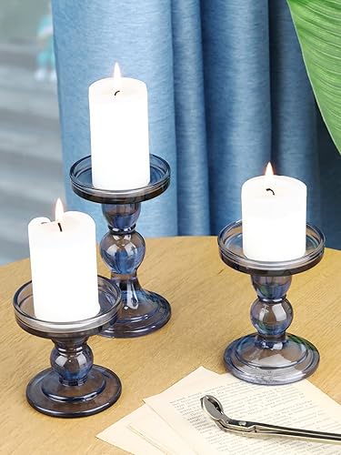 Miniatura 7 de Lewondr Portavelas de cristal, 3 piezas de candelabros transparentes con diseño elegante para velas cónicas de pilar y velas de té, mesa de hogar,