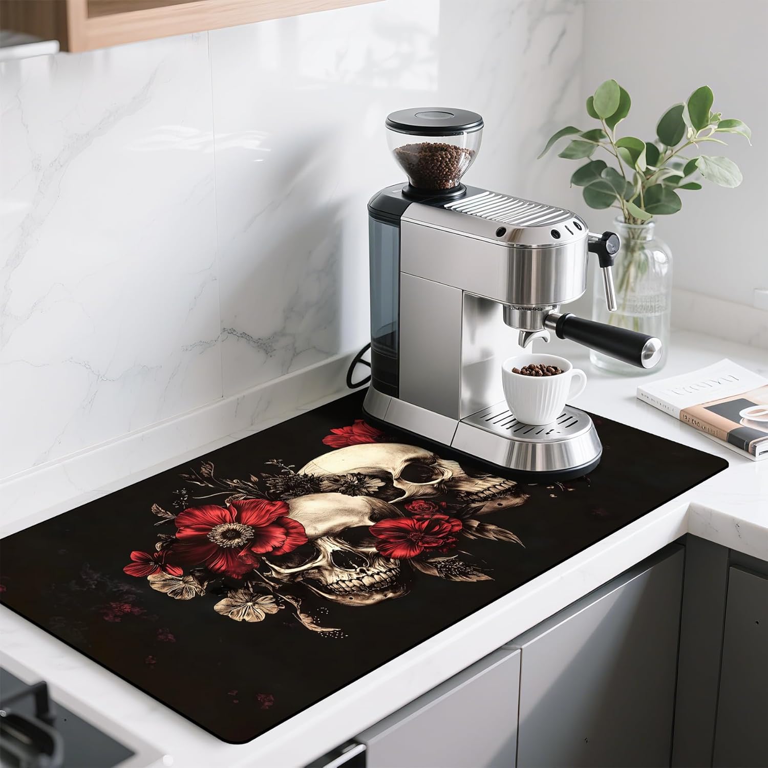 BVBOX 17"x 32" Coffee Bar Mat, Halloween Skull Flower Absorbent Dish Drying Mat Cuttable Hide Stain Draining Table Pad for Kitchen Counter, Coffee Bar Accessories
