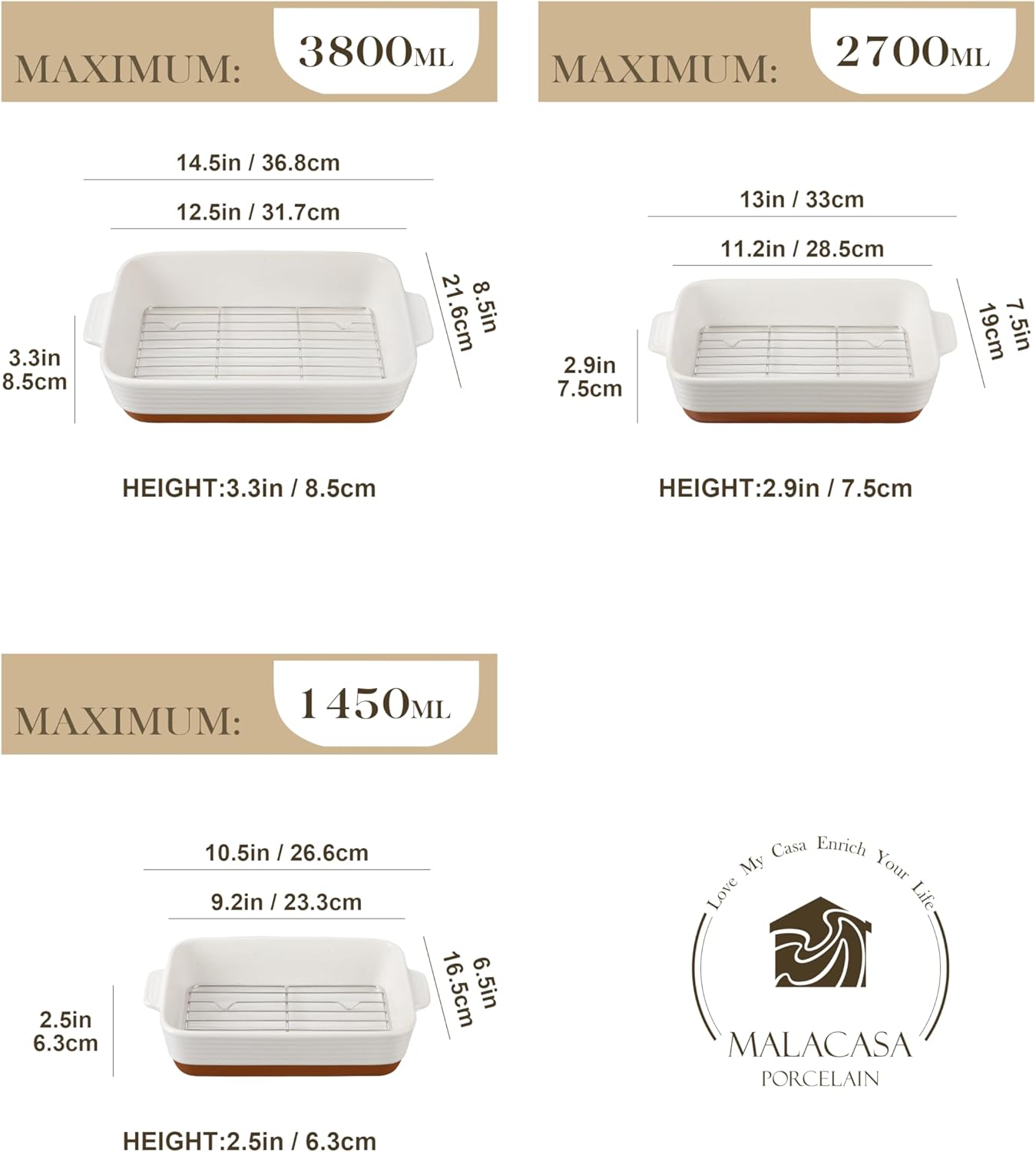 MALACASA Casserole Dishes for Oven with Roasting Racks, Ceramic Baking Dishes Set of 3, Baking Pan Casserole Dish Set, Rectangular Lasagna Pan Deep with Handles for Baking, Khaki White (14.5''/13''/10.5''), Series TARA