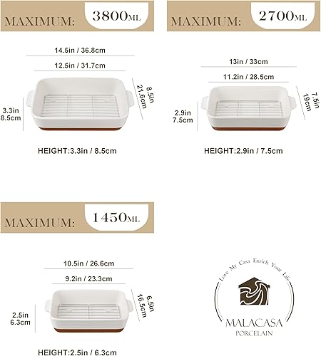 Miniatura 2 de MALACASA Juego de 3 platos de cacerola para horno con parrillas para asar, juego de platos de cerámica para hornear, juego de platos para hornear,