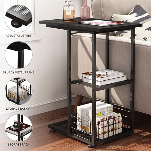 Miniatura 6 de Mesa auxiliar de aperitivos mesa auxiliar en forma de C con cesta de almacenamiento mesa de sofá con marcos de metal pequeñas mesas de aperitivos