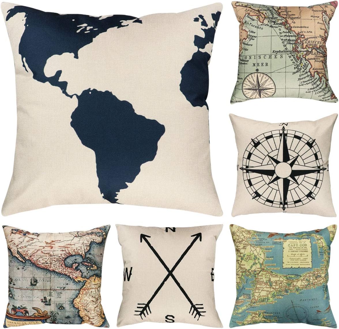 Faylapa 6 Pack Abstract Cartoon Flower Pillow Cases,Cotton Linen Decorative Cushion Cover (Geography Theme)