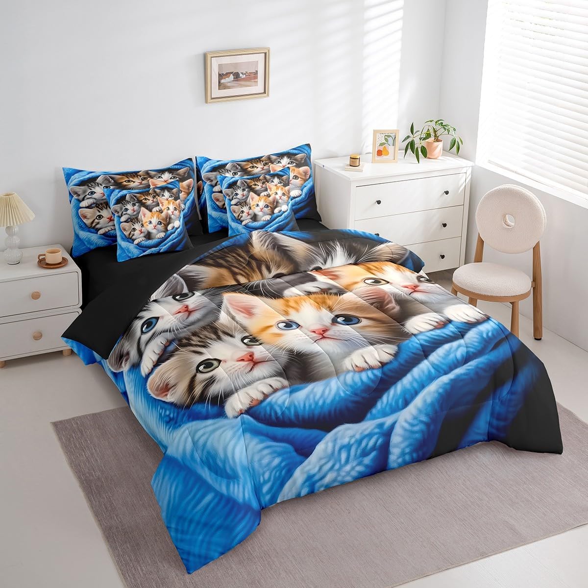 jejeloiu Cats Bedding Set for Kids Boys Girls Cute Kitten Bed in a Bag Full Size Cat Lover Comforter Set 7 Pieces Bedroom Decor Pet Animal Bed Set with Comforter, Sheets, Pillowcases & Cushion Cover