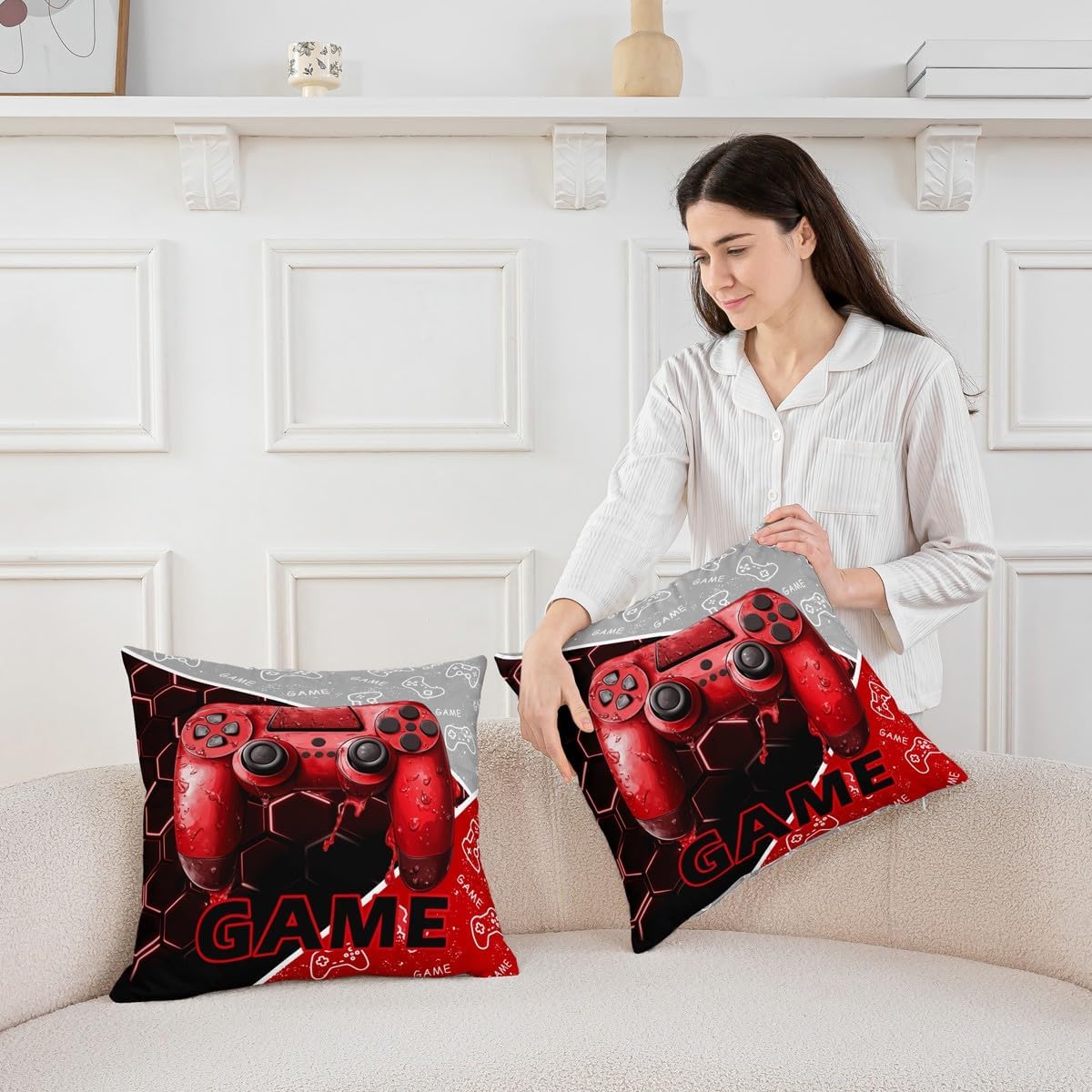 Game Consoles Throw Pillow Cover 3D Gamepad Gaming Sports Gamer Gifts Kids Pillow Cover for Living Room Bedroom Red Neon Hexagon Patchwork Home Decor Cushion Case Pillowcase 18x18 Inch image 3