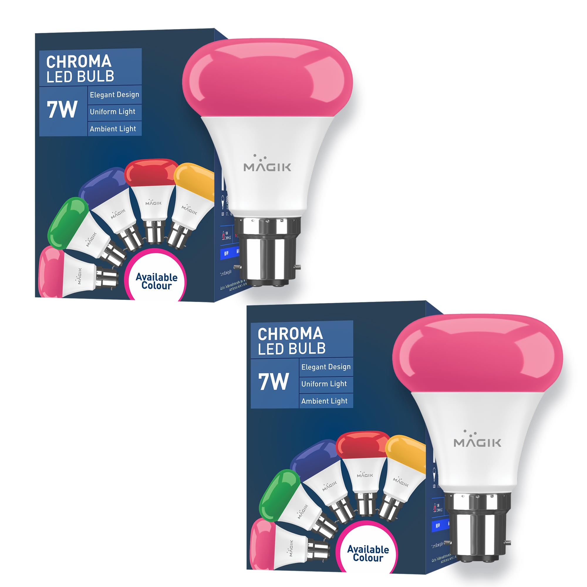 MAGIK Chroma 7W (Pink) LED Bulb | B22 Base | Vibrant Decorative Light for Home, Festive & Party Lighting | Energy Efficient | Pack of 2