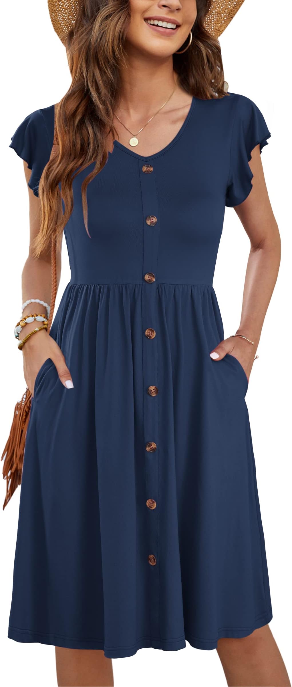 WNEEDUWomen Summer Dresses Sleeveless Casual Loose Swing Button Down Midi Dress with Pockets