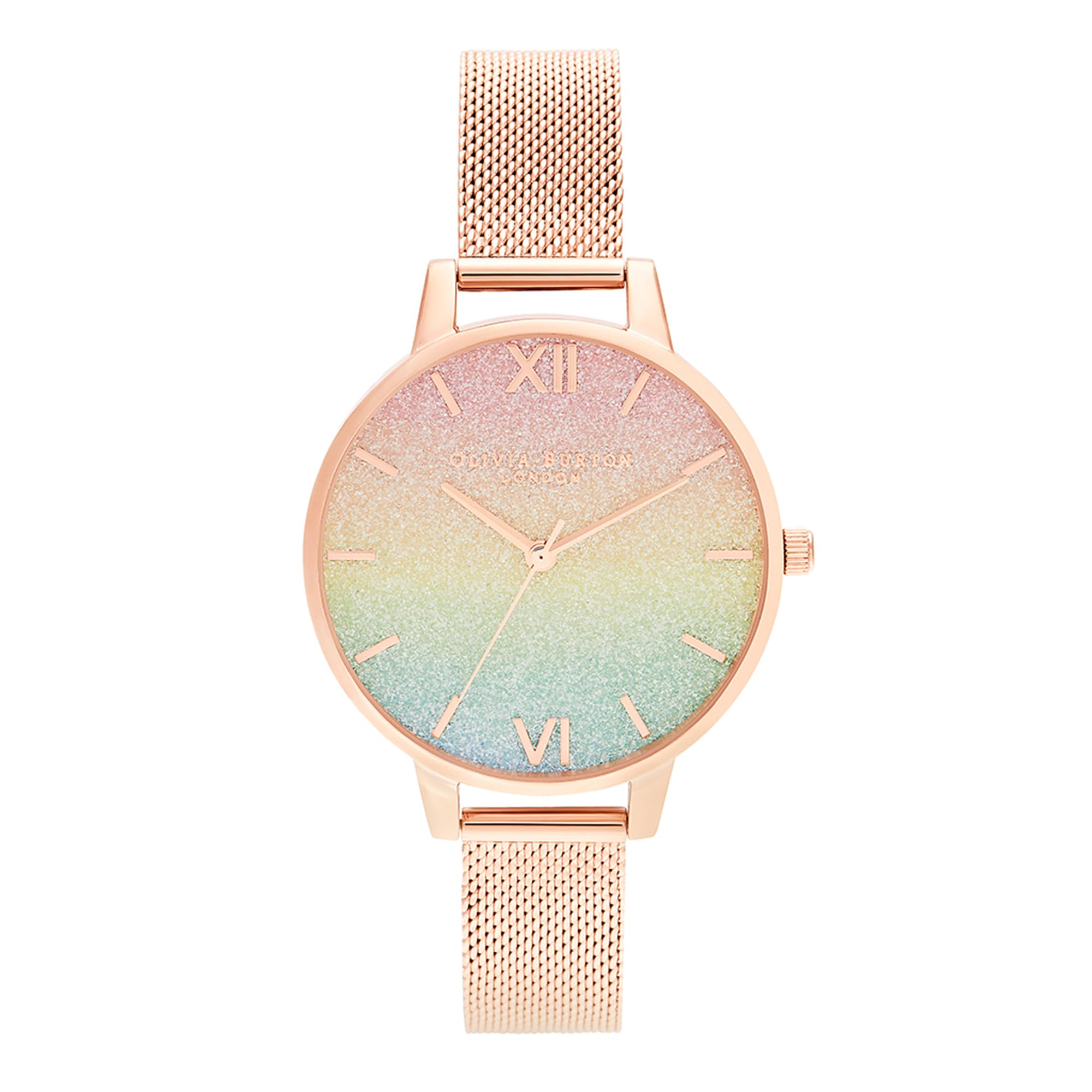 House of Watches - Olivia Burton Ladies RainBow Rose Gold Mesh Bracelet Glitter Dial Watch OB16RB18