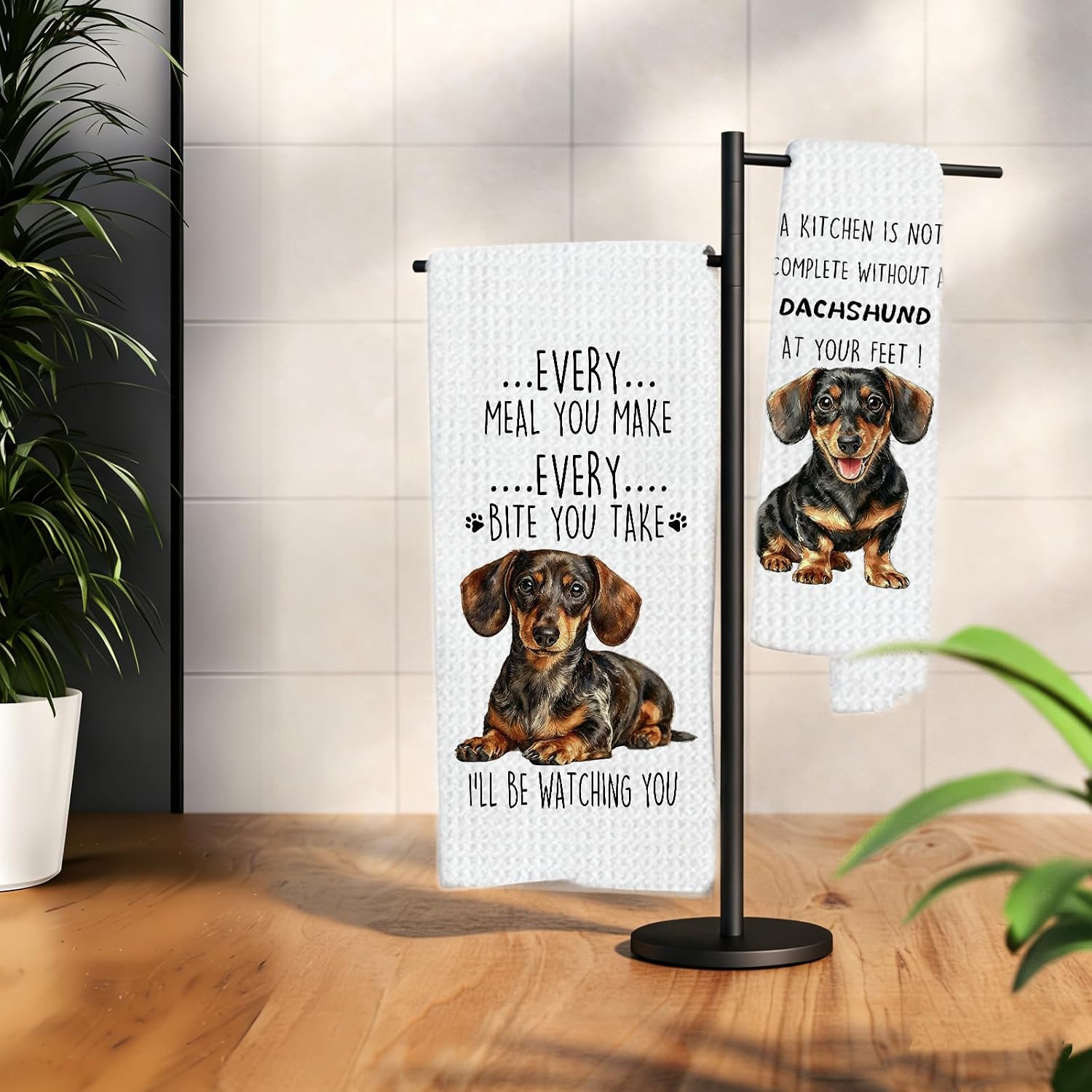 Dachshund Kitchen Towels Set of 2 | Set of 2 16x24 in Dachshund towels with funny quote for soft absorbent kitchen or bathroom decor.
