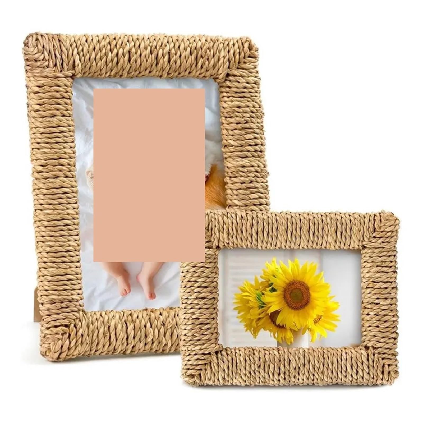 Rattan Picture Frame 2 Pcs Rattan Picture Frame, 4X6 & 5X7 Boho Photo Handmade Farmhouse Wicker Set for Wall and Tabletop