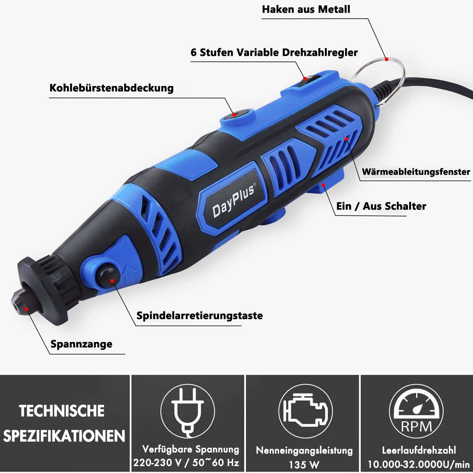 Utensile multifunzione da 135 W, set di 77 accessori, 3 dispositivi di fissaggio, 6 regolazione della velocità, paletta girevole variabile 1000032000RPM per taglio, intaglio, foratura, incisione,