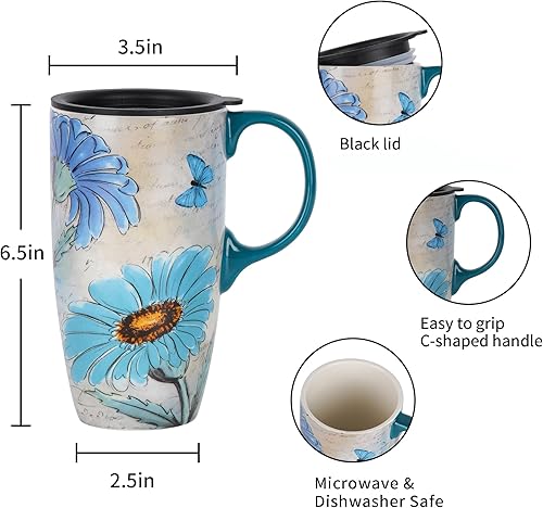 Miniatura 7 de Taza de café de viaje de cerámica con tapa y asa para el hogar y la oficina, taza de té alta de porcelana de 17 onzas con caja de color, flor de