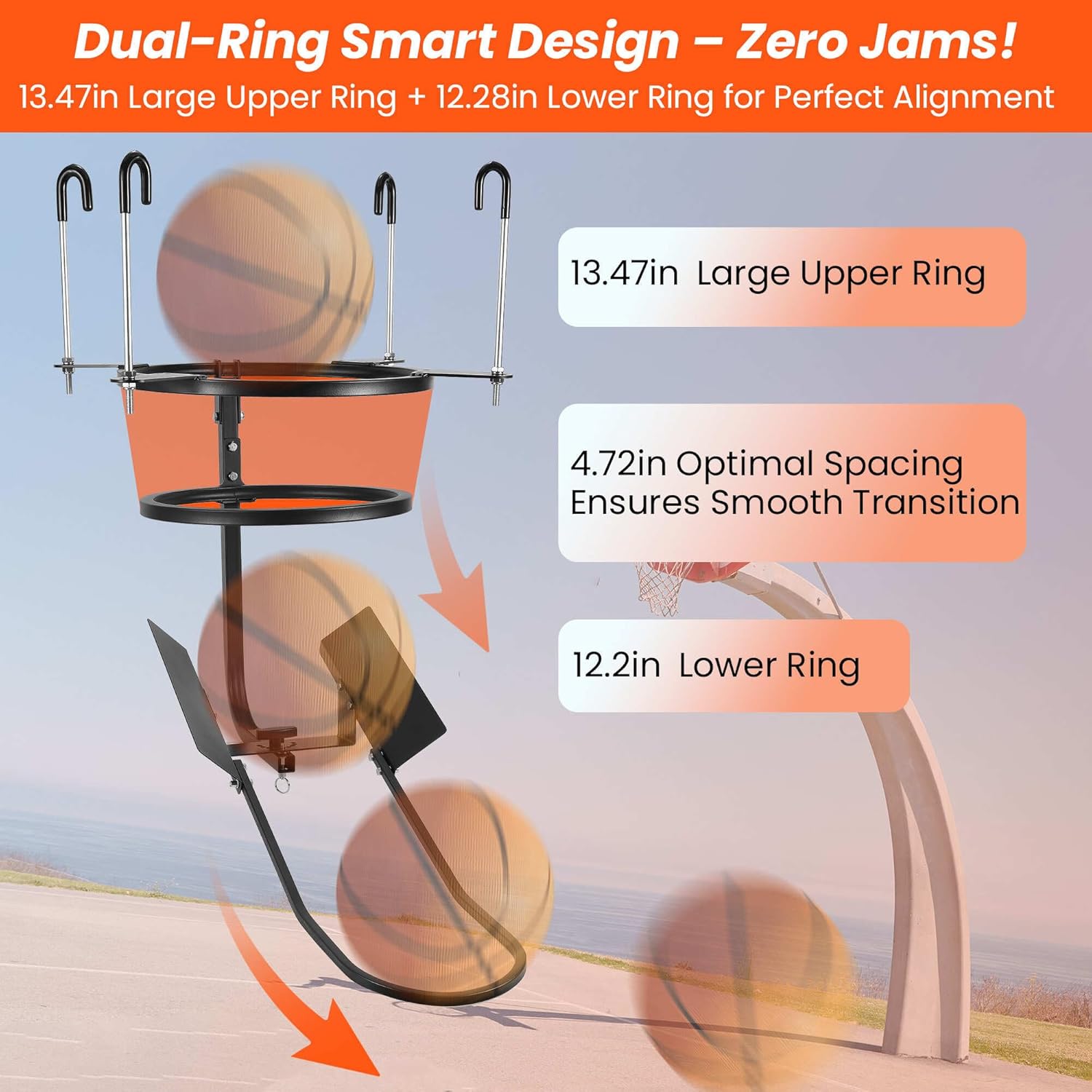 Heavy-Duty Basketball Return System with 180° Adjustable Chute - Hook-On Rebound Attachment for Solo Practice & Shooting Games