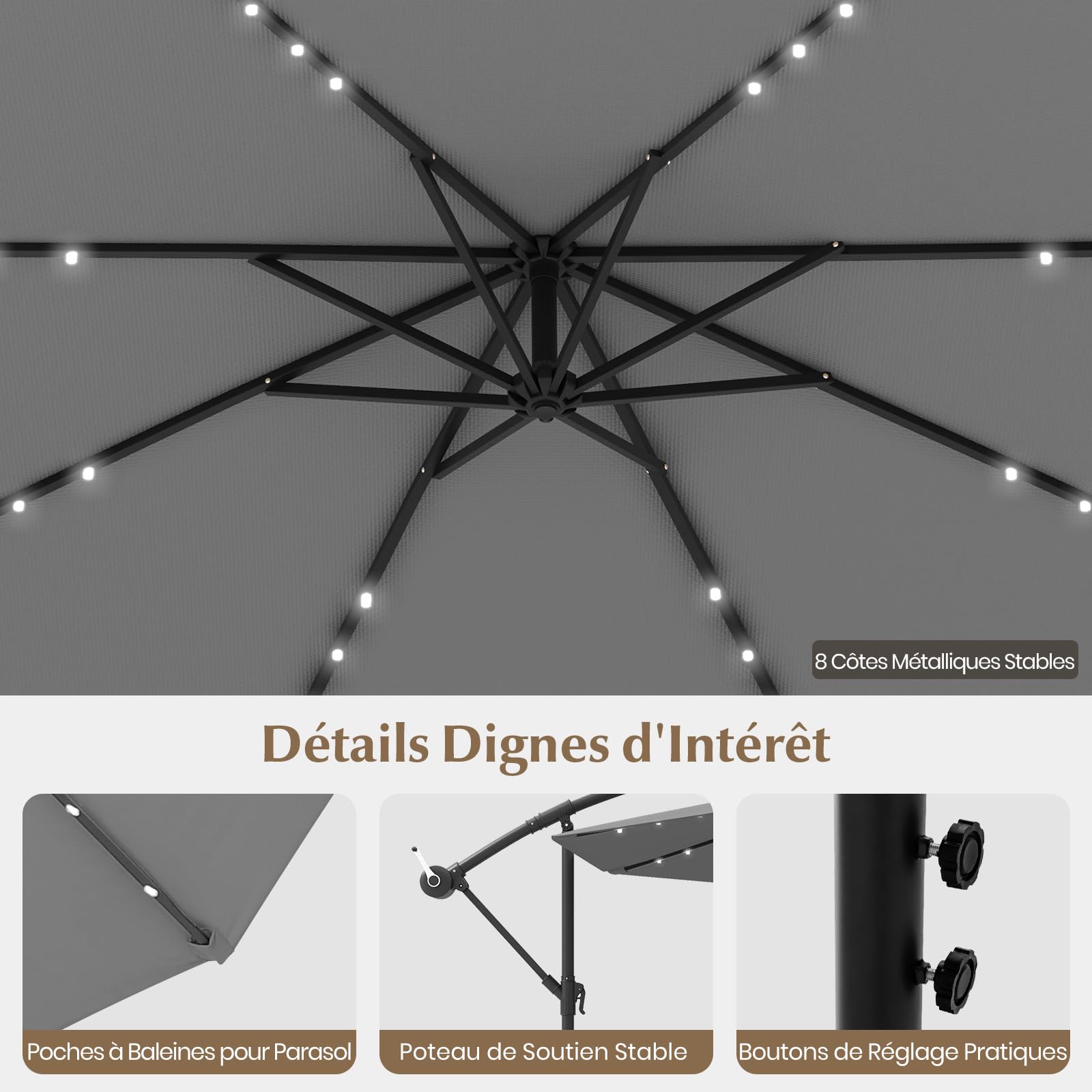 GOPLUS Parasol de Jardin Extérieur avec Pied, Parasol Déporté 3x3M, avec 40 Lampes Solaires, Toile Inclinable, Manivelle, 8 Baleines, Anti-UV, pour Terrasse Cour Patio (Gris)