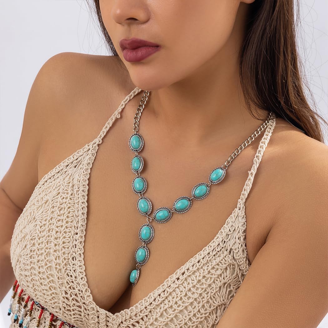 Rrdaily Boho Turquoise Statement Y Necklace for Women, Exaggerated Western Beaded Choker Necklace Trendy Country Concert Outfits Neck Jewelry Accessories - Image 4